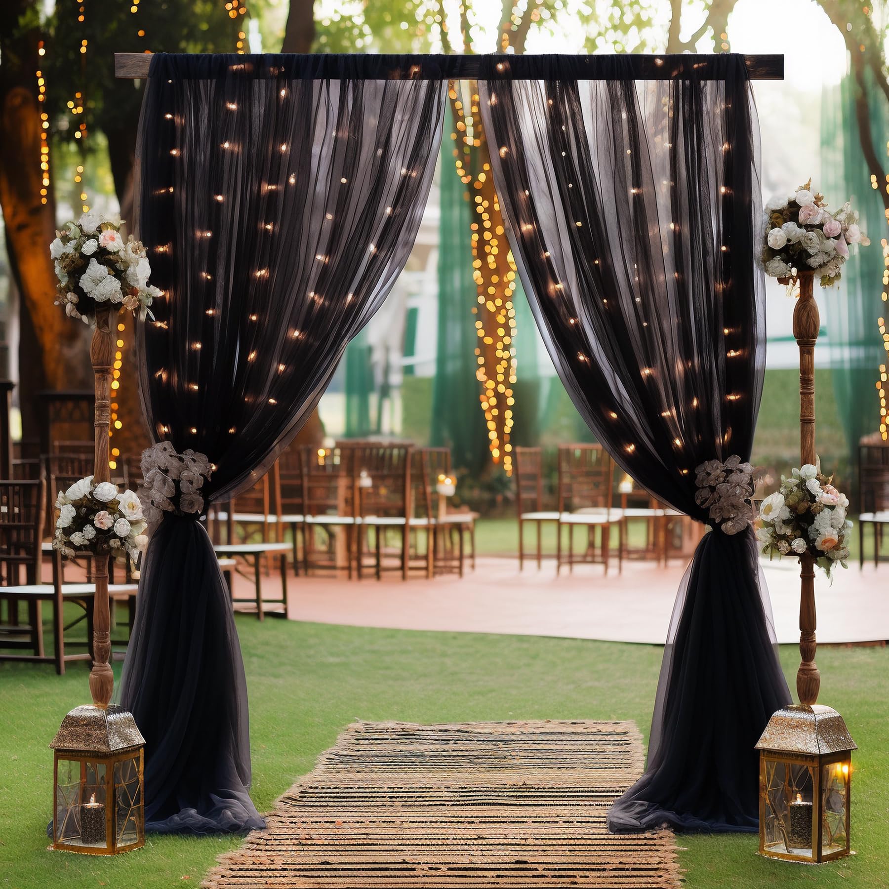 10×10ft Black Tulle Backdrop Curtain with LED String Lights - Sheer Wedding Party Decor, Photo Booth Background, Home Decoration for Birthday, Anniversary & Baby Shower Events