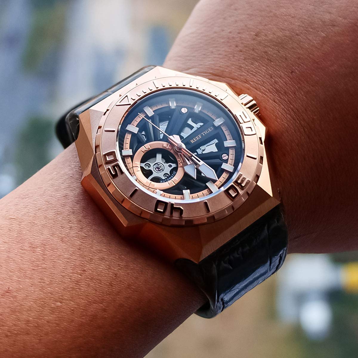 REEF TIGER Men's Skeleton Automatic Diving Watch - Military Style Mechanical Watch with Leather Strap RGA6903-S - Perfect for Scuba Diving, Outdoor Adventures & Formal Occasions