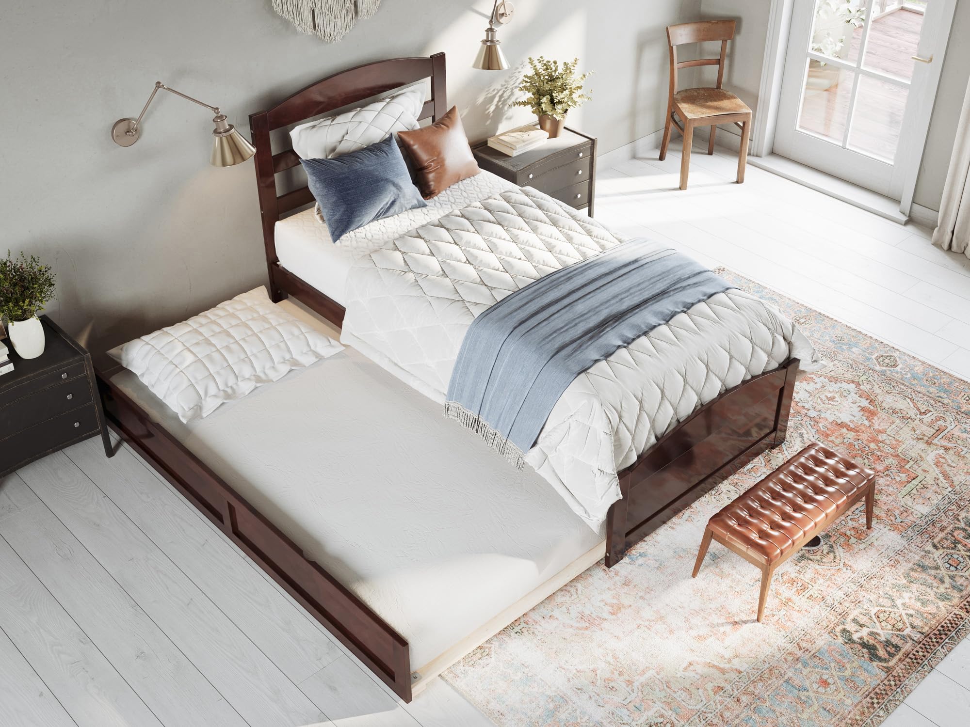 AFI Warren Twin XL Platform Bed with Footboard, Twin XL Trundle & USB Charging - Walnut Finish - Space-Saving Bedroom Solution for Small Rooms, Guest Rooms & Dorm Living