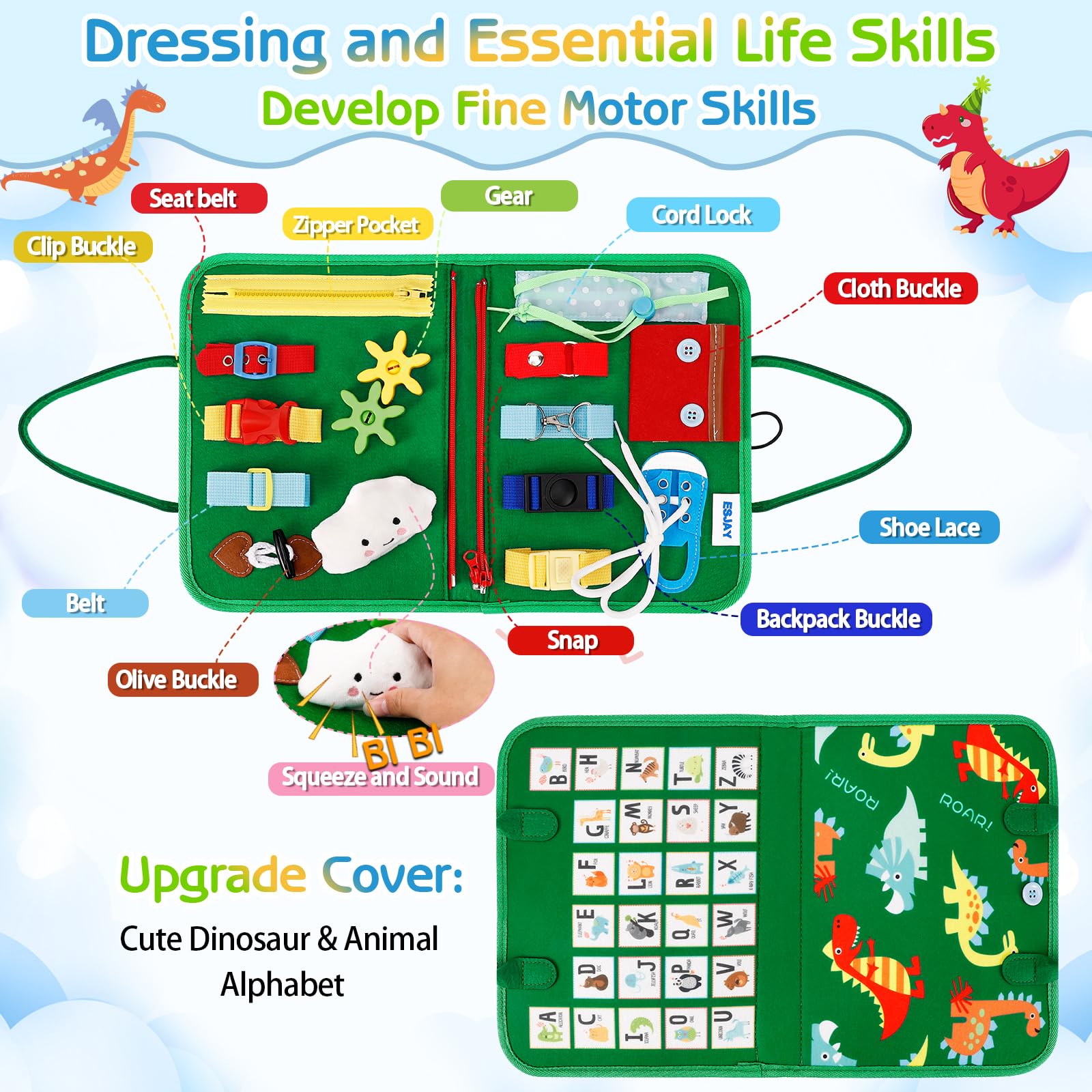 Esjay Montessori Busy Board for Toddlers - Sensory Learning Toys for Fine Motor Skills Development - Educational Travel Toys for Airplane & Car - Perfect Gift for Boys & Girls (Green Dinosaur) - Ideal for Preschool Learning, Quiet Play & Long Trips