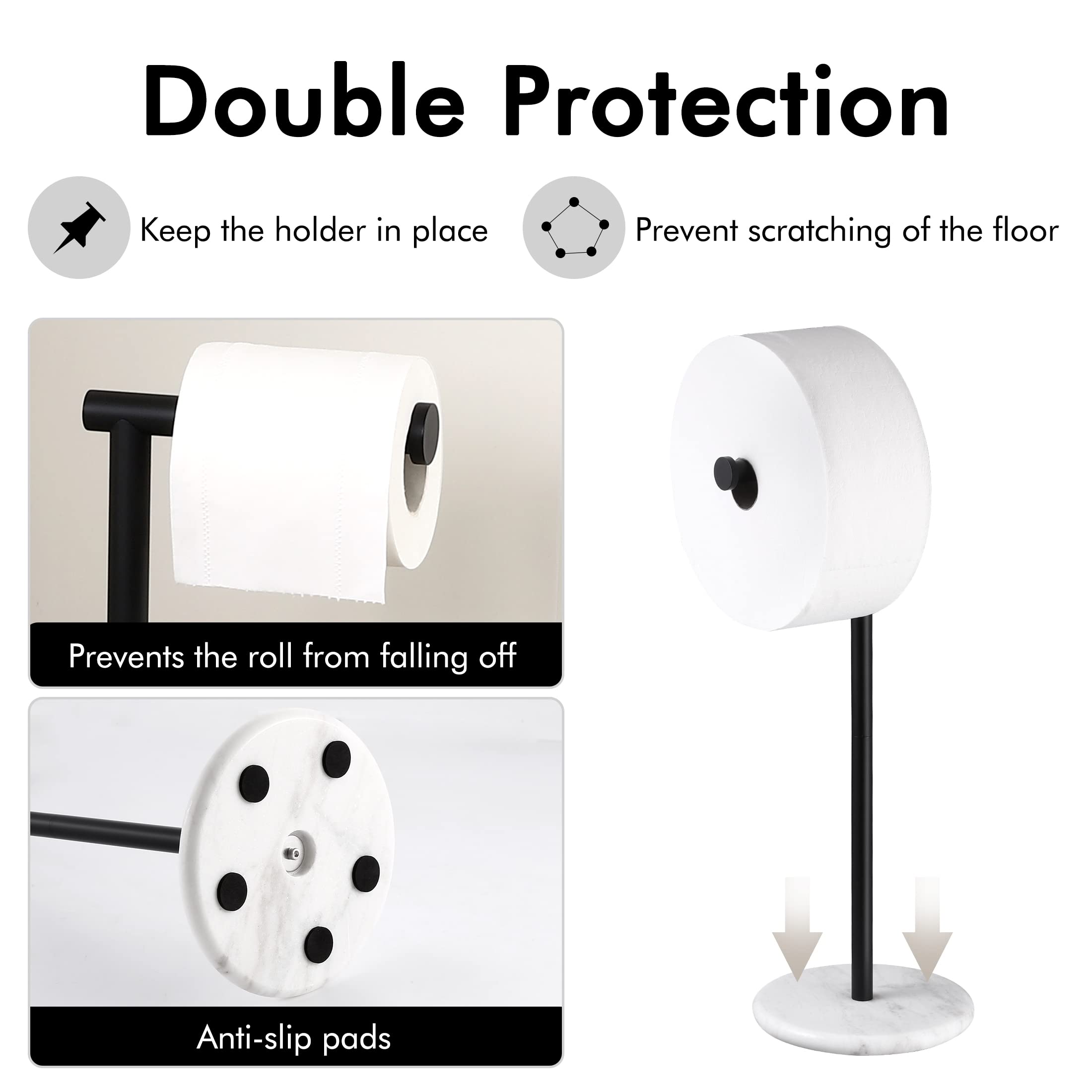 Premium Black Freestanding Toilet Paper Holder Stand with Marble Base - SUS304 Stainless Steel Matte Bathroom Tissue Roll Dispenser for Modern Home & Luxury Hotel Restroom Decor