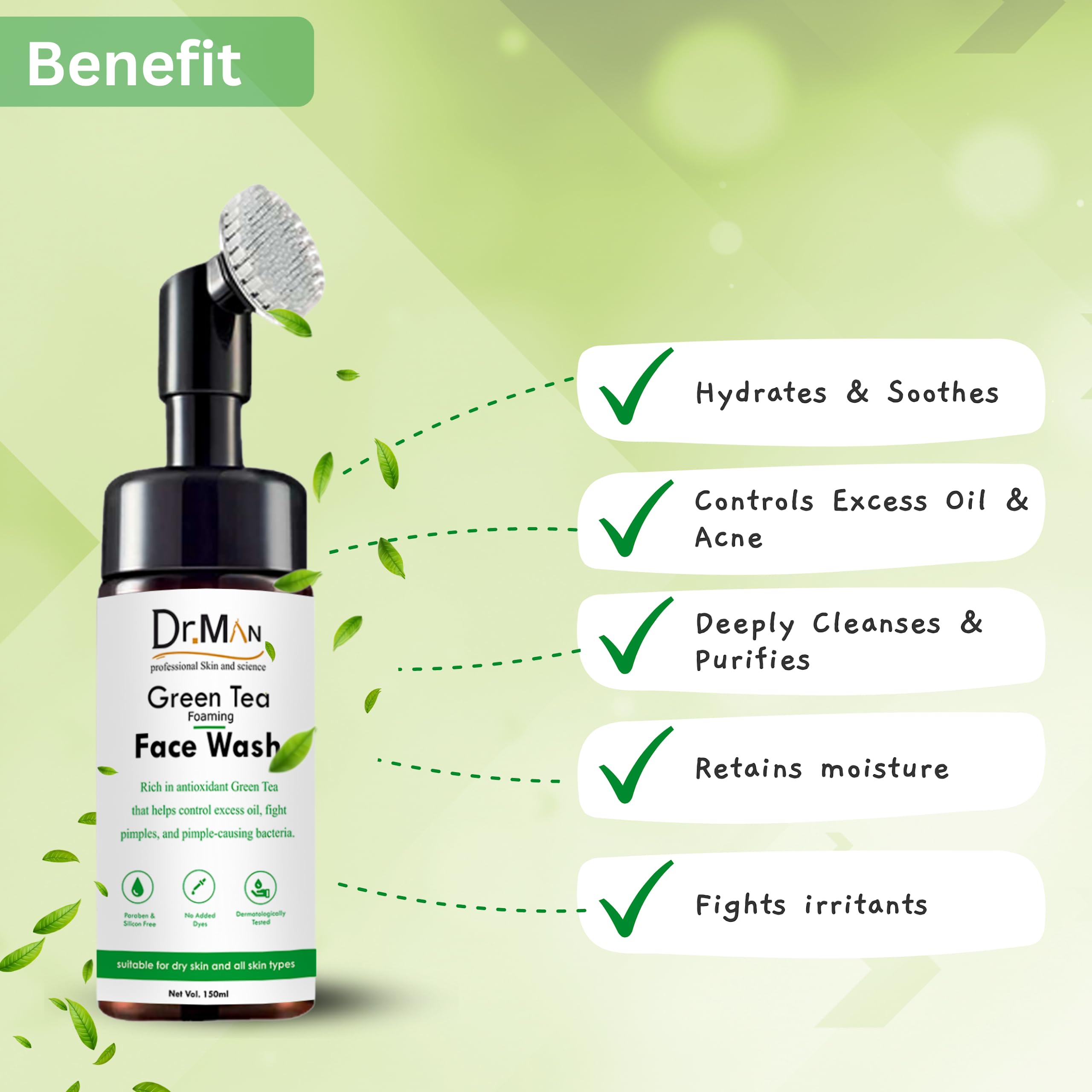 Dr.Man Professional Green Tea Foaming Face Cleanser - 150ml Deep Cleansing for Acne & Oily Skin - Gentle Daily Facial Wash for Men & Women - Perfect for Morning & Night Skincare Routine