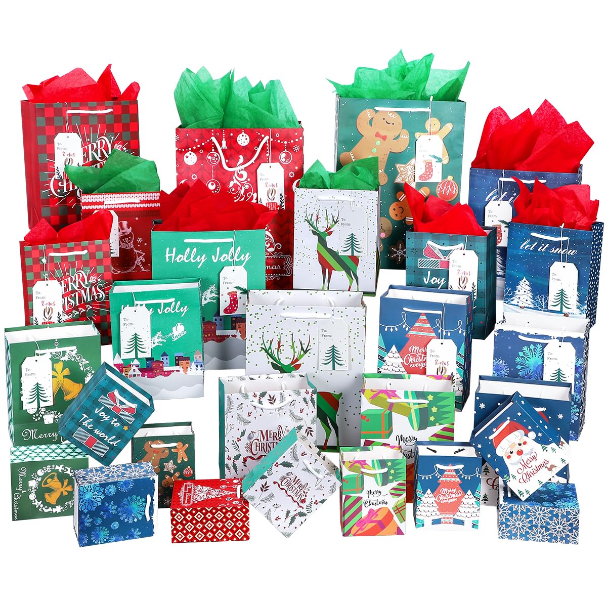 84-Piece Christmas Gift Bags Set with 28 Tissue Papers - 6 Styles Reusable Holiday Gift Bags with Handles (4 Designs) for Xmas Party Favors, Office Gifts & Festive Present Wrapping