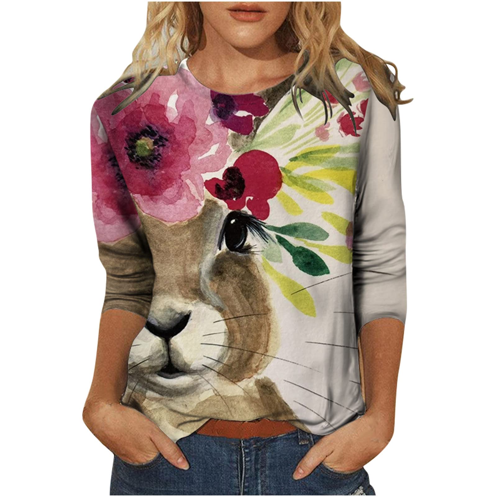 Women's Plus Size Cute Summer Tops - Floral Print O-Neck Long Sleeve Blouse for Casual Wear | Loose Fit Comfortable Shirt for Work, Dating & Everyday Outfits