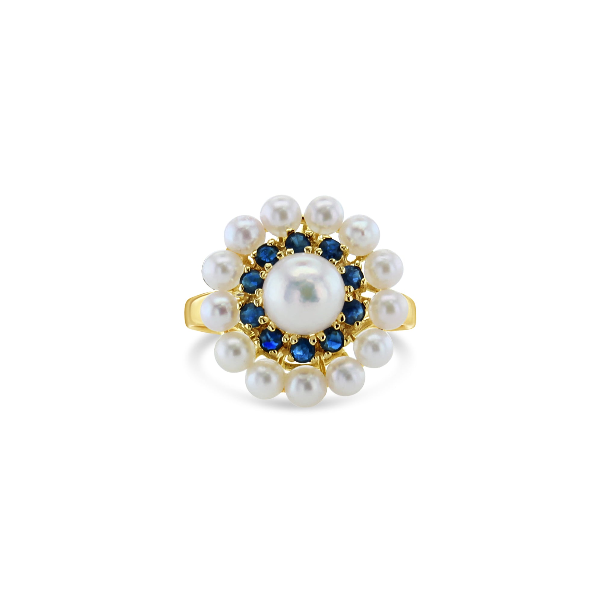 14K Yellow Gold Sapphire & Pearl Double Halo Engagement Ring - Elegant Bridal Jewelry for Weddings, Anniversaries & Special Occasions