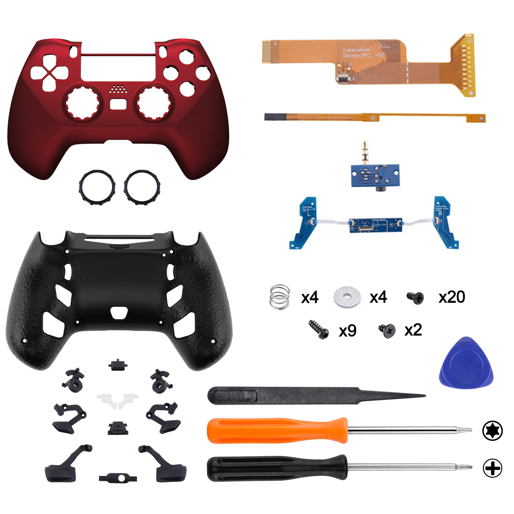 eXtremeRate DECADE Tournament PS4 Controller Upgrade Kit - Compatible with JDM 040/050/055 Models (Scarlet Red) | Enhanced Grip & Performance for Competitive Gaming