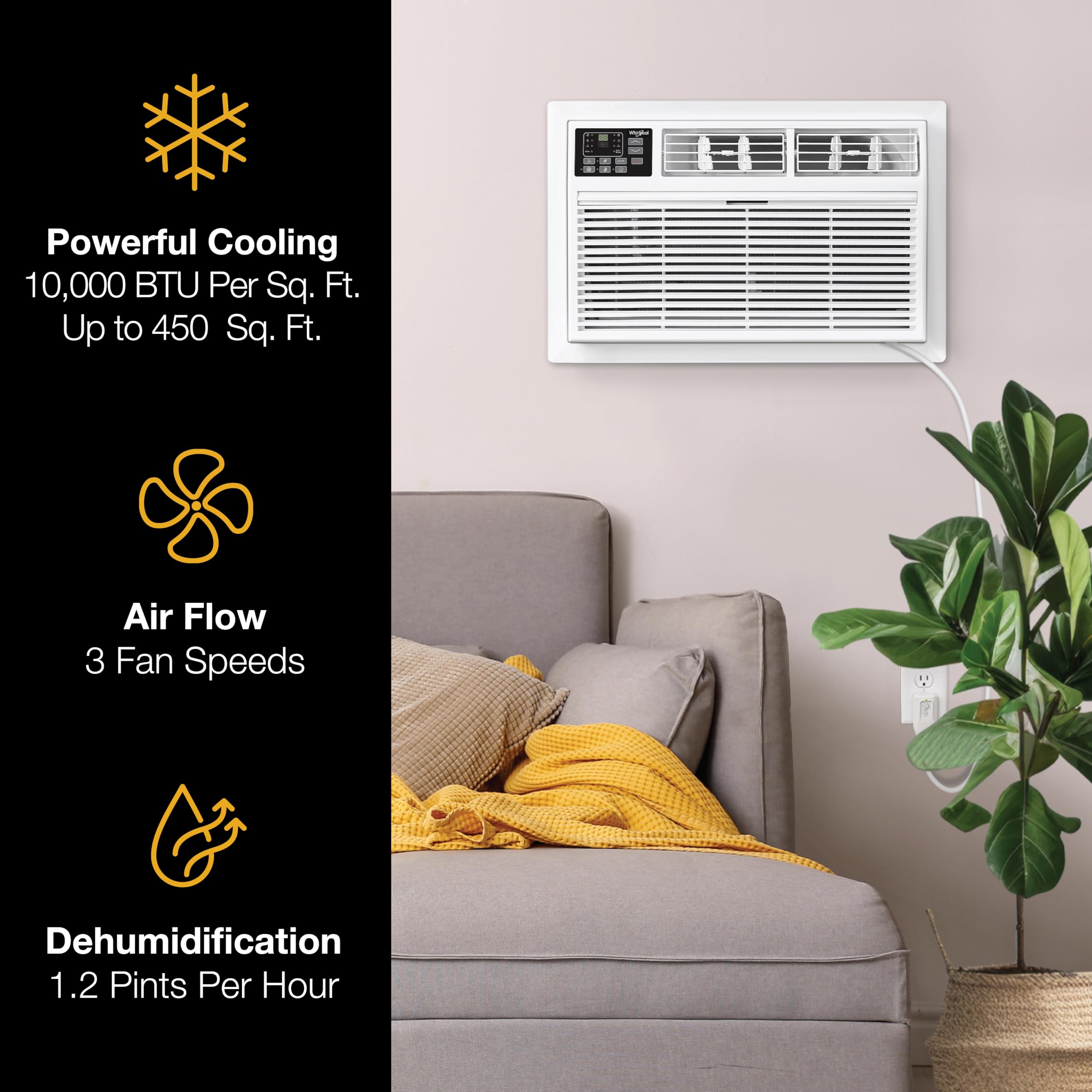 Whirlpool 10,000 BTU Through the Wall Air Conditioner - 115V Wall Mount AC Unit Cools 450 Sq.Ft Rooms - Energy Efficient with Dehumidifier & Remote Control - Perfect for Bedroom, Living Room, Office & Kitchen - White