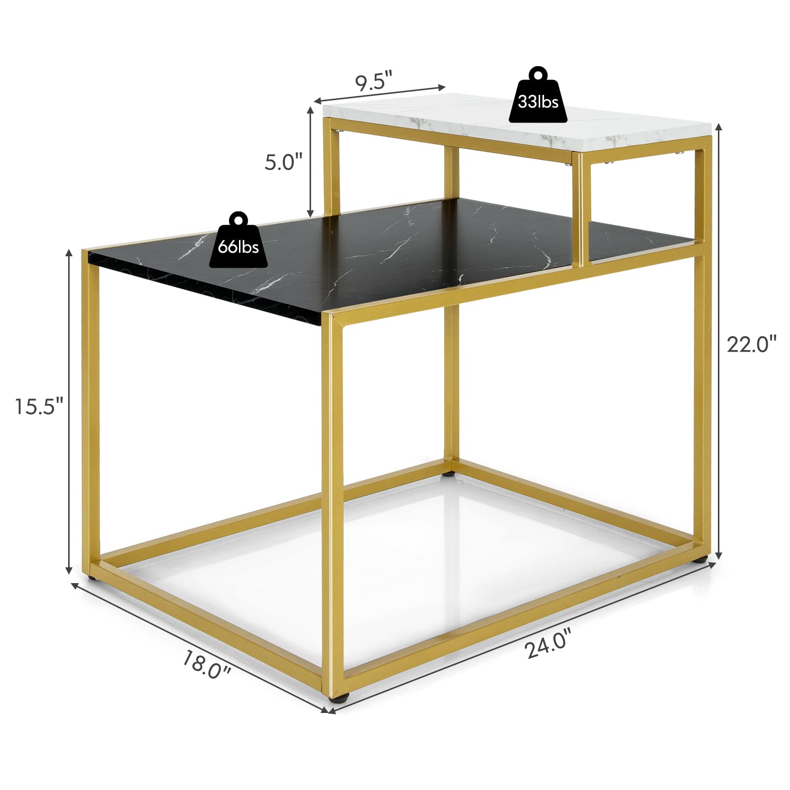 Giantex Gold End Table with Faux Marble Top - Adjustable Foot Pads & Storage Shelf - Modern Side Table for Living Room, Bedroom, Office - Easy Assembly - Perfect for Coffee, Books & Decor Display