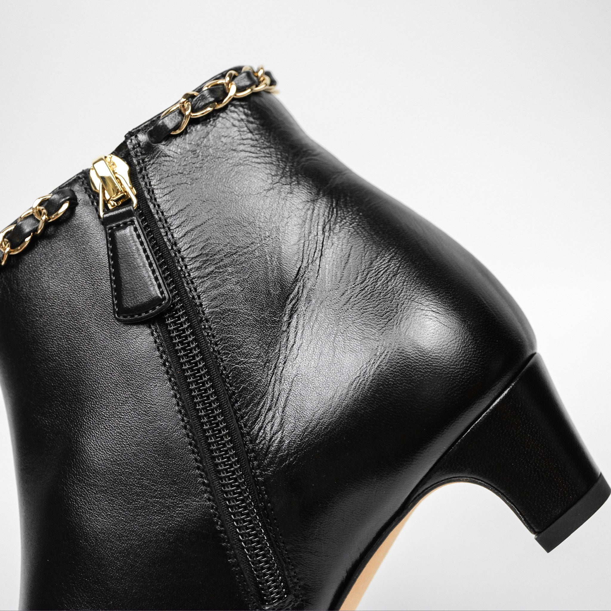 Chanel Black Cap Toe Chain Ankle Boots - Genuine Lambskin Leather Size 36.5 EU (Women's US 6.5) - Luxury Fashion Boots for Evening Parties & Date Nights