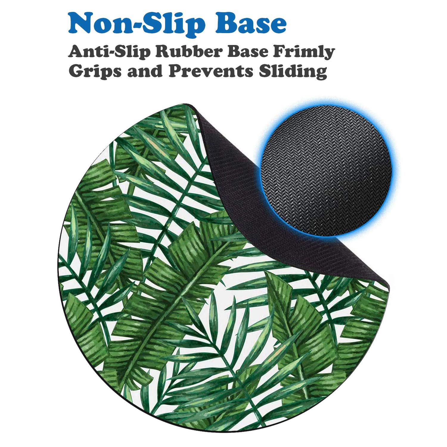 Non-Slip Tropical Palm Leaves Round Mouse Pad with Coasters Set - Ergonomic Rubber Mousepad for Computer & Laptop - Perfect Office Accessories & Desk Decor for Home, Gaming, and Workstations