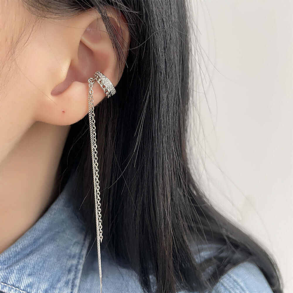 Silver Tassel Two Hole Link Chain Ear Cuff Earrings for Women | Boho Chic Jewelry for Parties, Weddings & Everyday Wear | R2772
