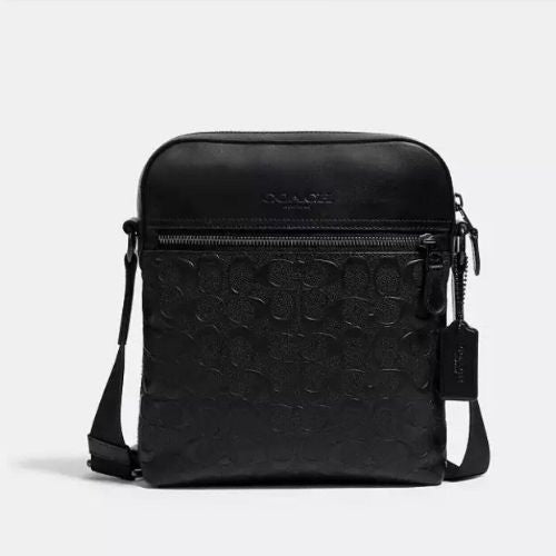Coach Huston Flight Bag in Signature Leather - Black Crossbody Purse for Women | Stylish Travel & Everyday Handbag for Work, Shopping & Outings
