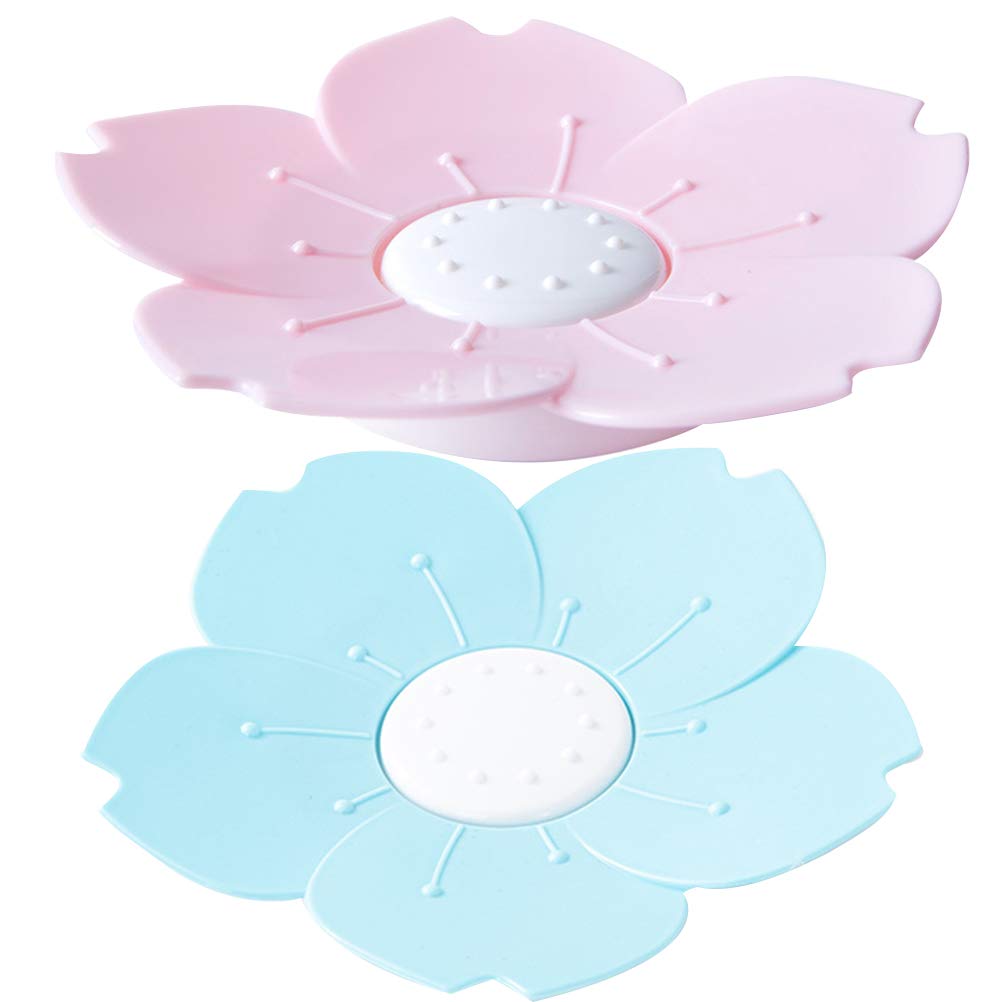 Cabilock 2-Pack Cherry Blossom Soap Tray - Plastic Soap Holder with Drainage for Bathroom, Kitchen Sink - Decorative Soap Dish Set (Purple & Blue) - Perfect for Home, Hotel, Spa and Guest Bathroom Decor