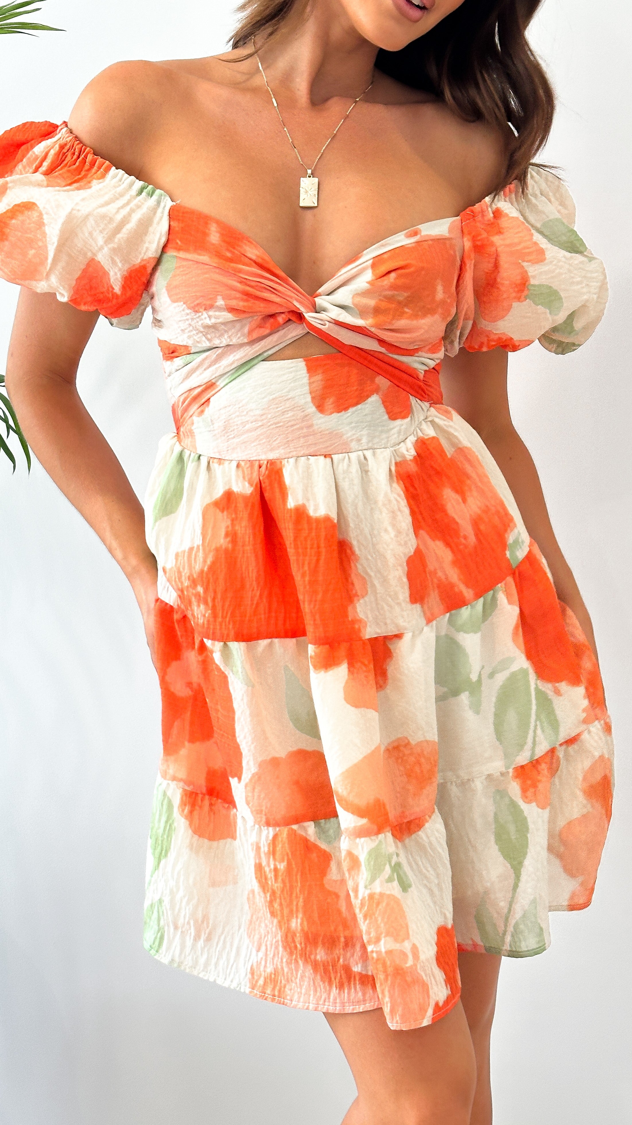 Elegant Coral Mini Dress with Orange Floral Print - Perfect for Summer Parties, Beach Vacations & Date Nights