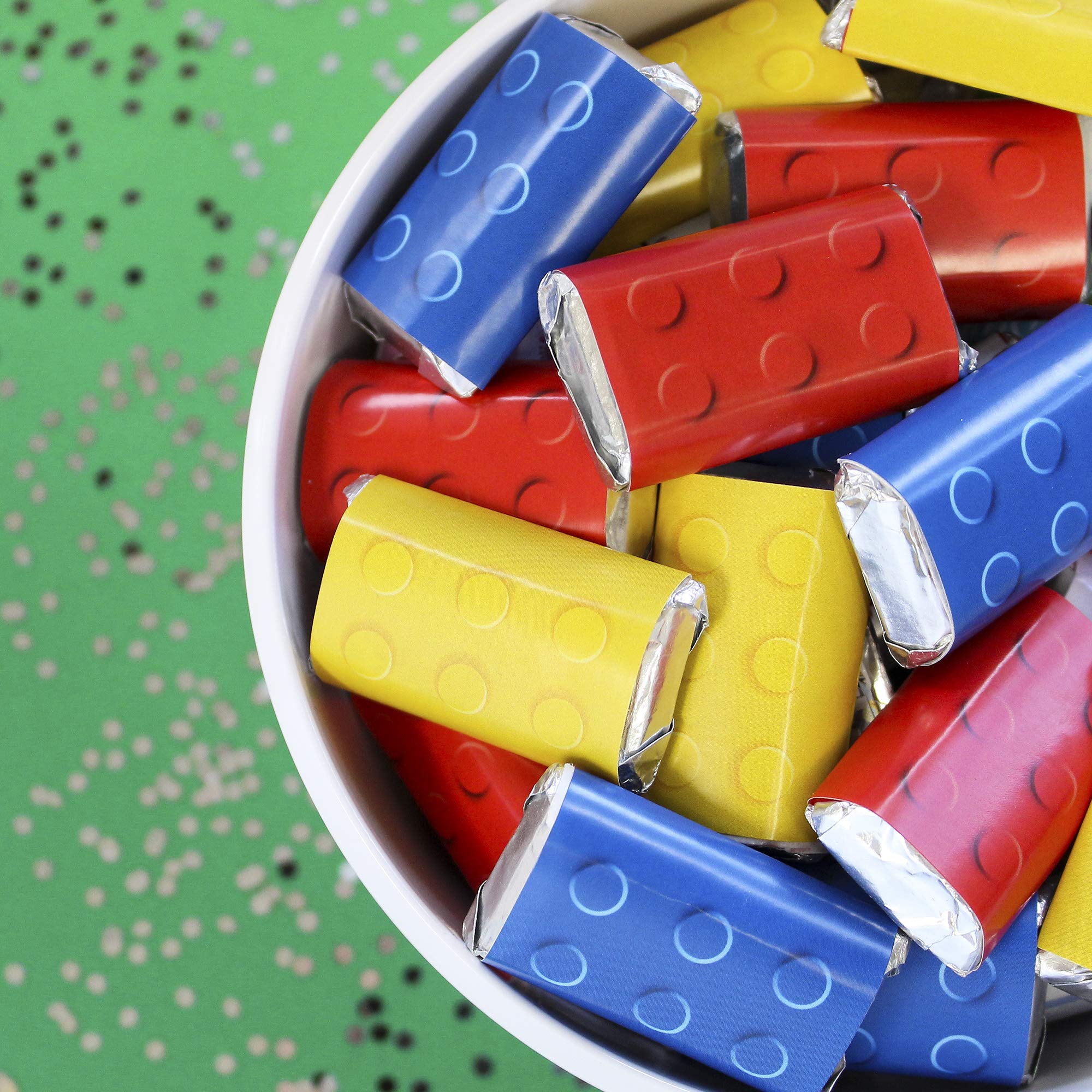 DIY Building Blocks Birthday Party Mini Candy Bar Wrappers - 45pcs Fun Lego-Style Stickers for Kids Party Favors, Classroom Rewards & Candy Packaging