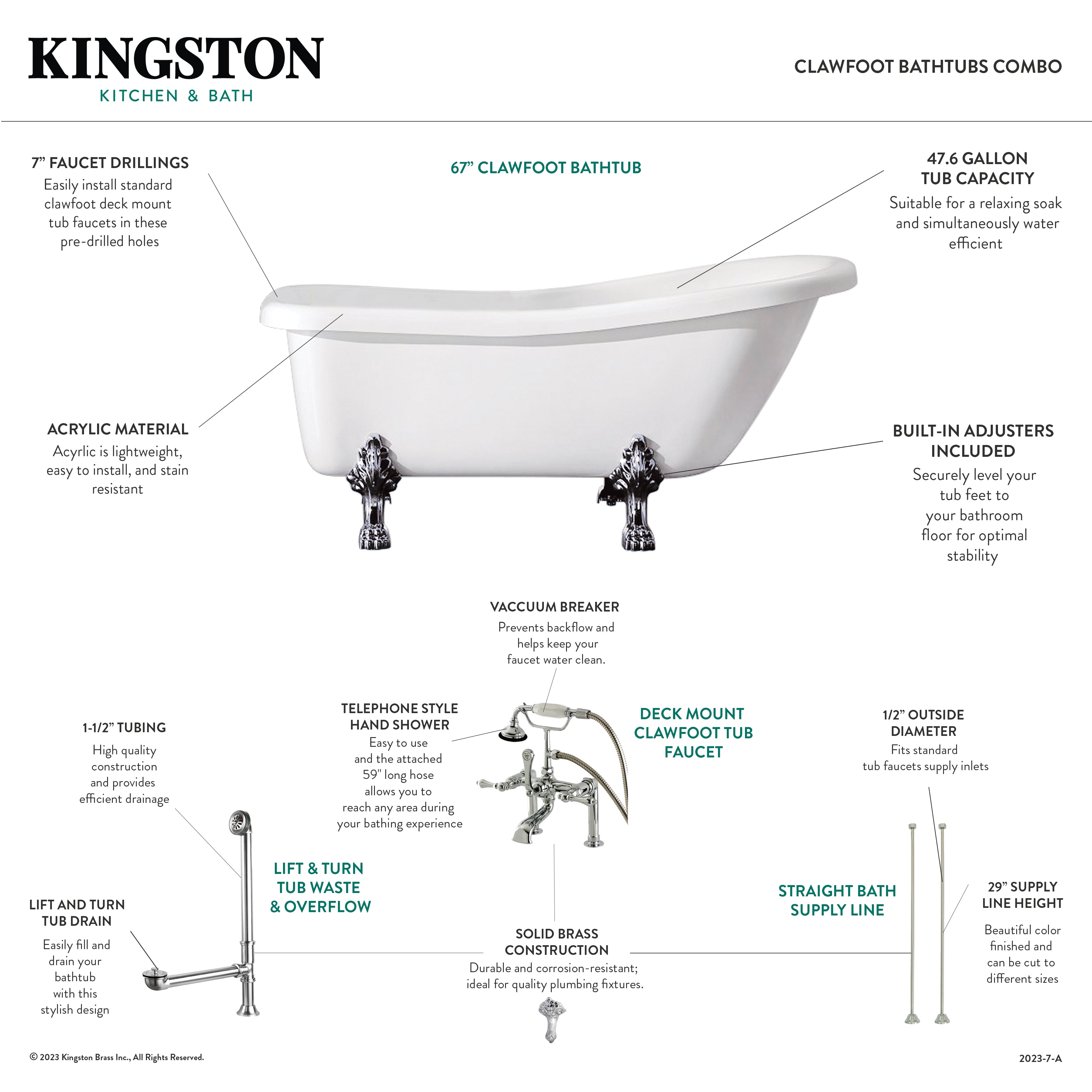 Aqua Eden 67 Inch Acrylic Oval Single Slipper Clawfoot Bathtub with Faucet, Drain & Supply Lines - Glossy White/Polished Chrome - Freestanding Soaking Tub for Bathroom, Spa & Relaxation