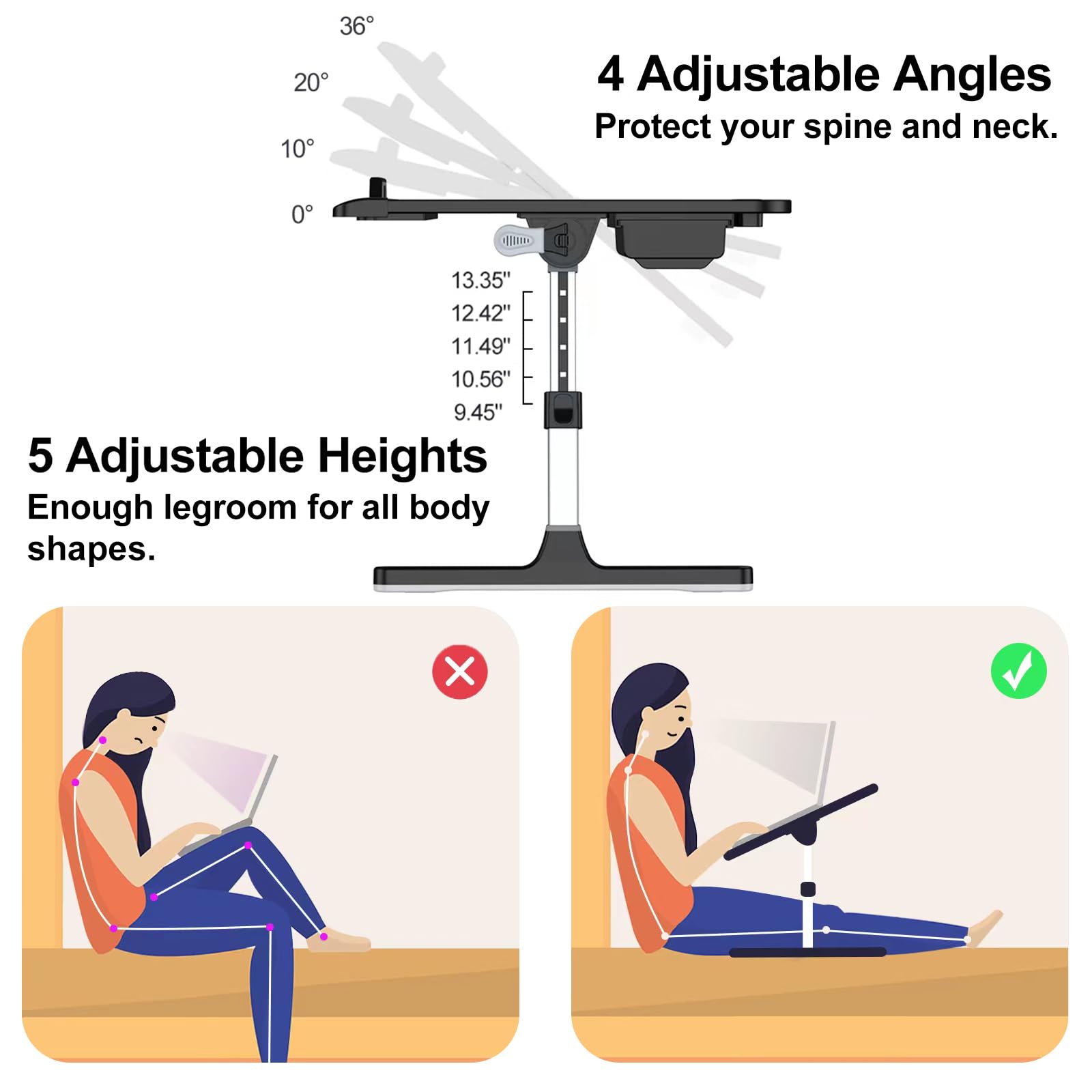 Adjustable Laptop Bed Desk Tray - Foldable & Sturdy Portable Lap Stand for Working, Reading, Eating & Painting - Premium Materials (Black, 23.6
