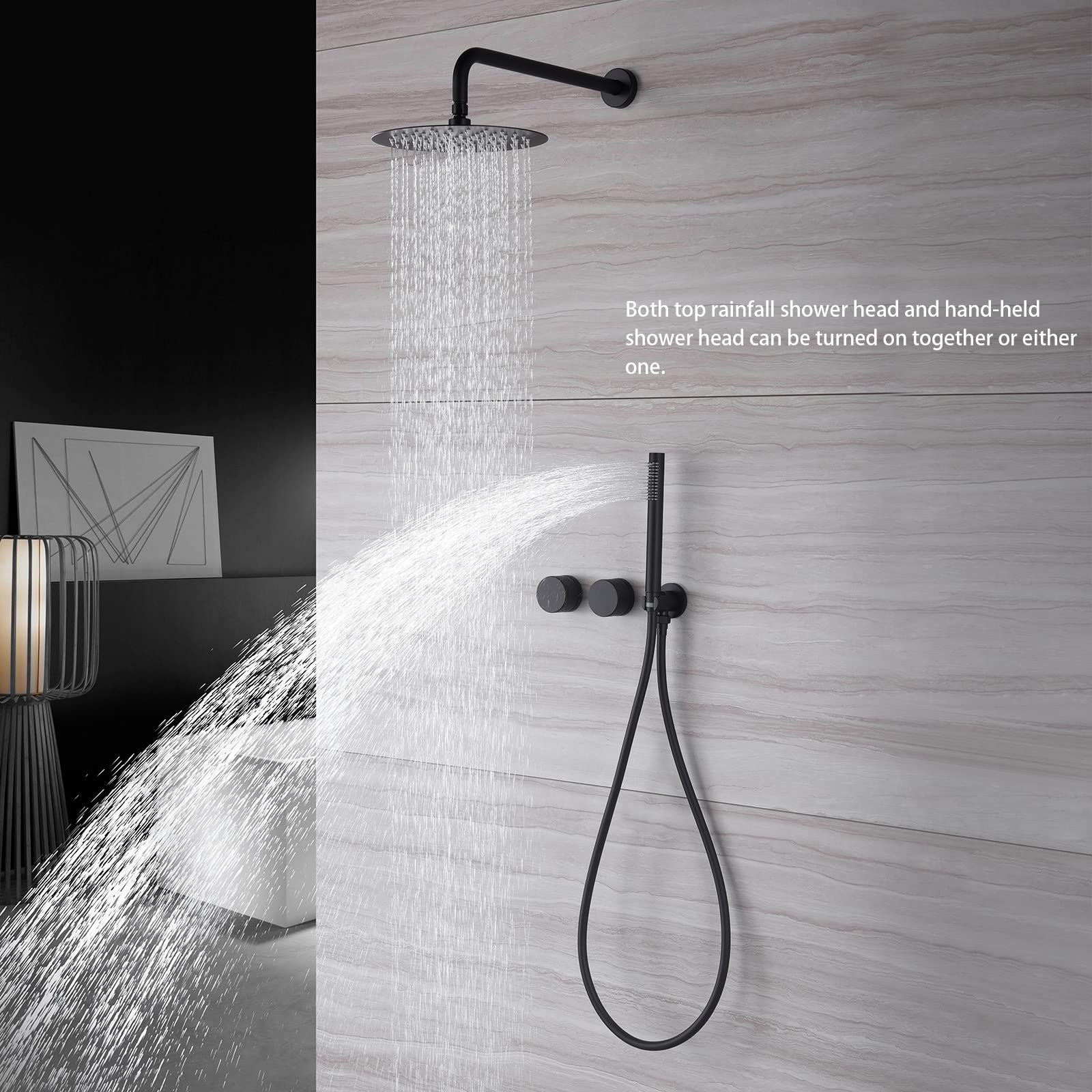 TRUSTMI 10 Inch Rainfall Shower System - Matte Black Brass Round Rain Shower Head with Handheld Shower Faucet Set (Includes Rough-In Valve) - Perfect for Modern Bathroom, Spa-Like Shower Experience & Luxury Home Renovation