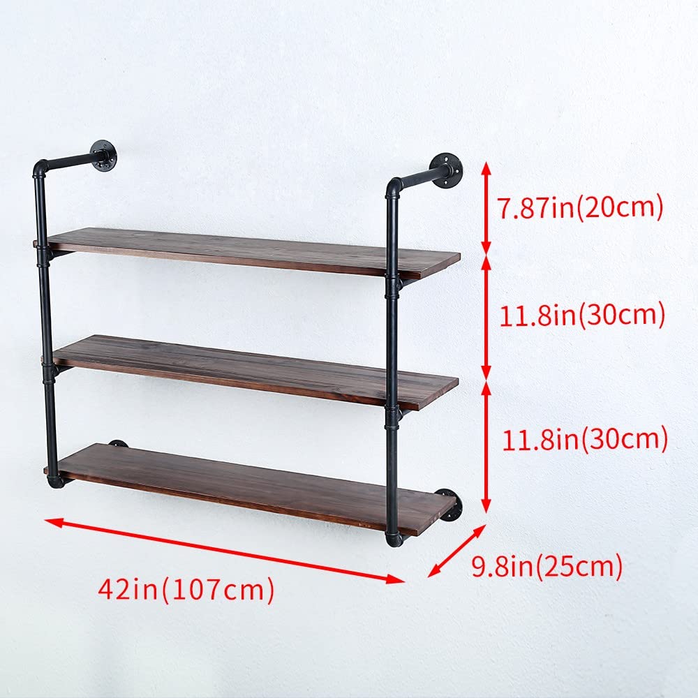 42in Rustic Industrial Pipe Shelving - Wall Mounted Metal Floating Shelves with Real Wood, Steampunk Style Bookshelf for Farmhouse Kitchen & Bar (4 Tier) - Perfect for Home Decor, Book Storage & Display Shelves