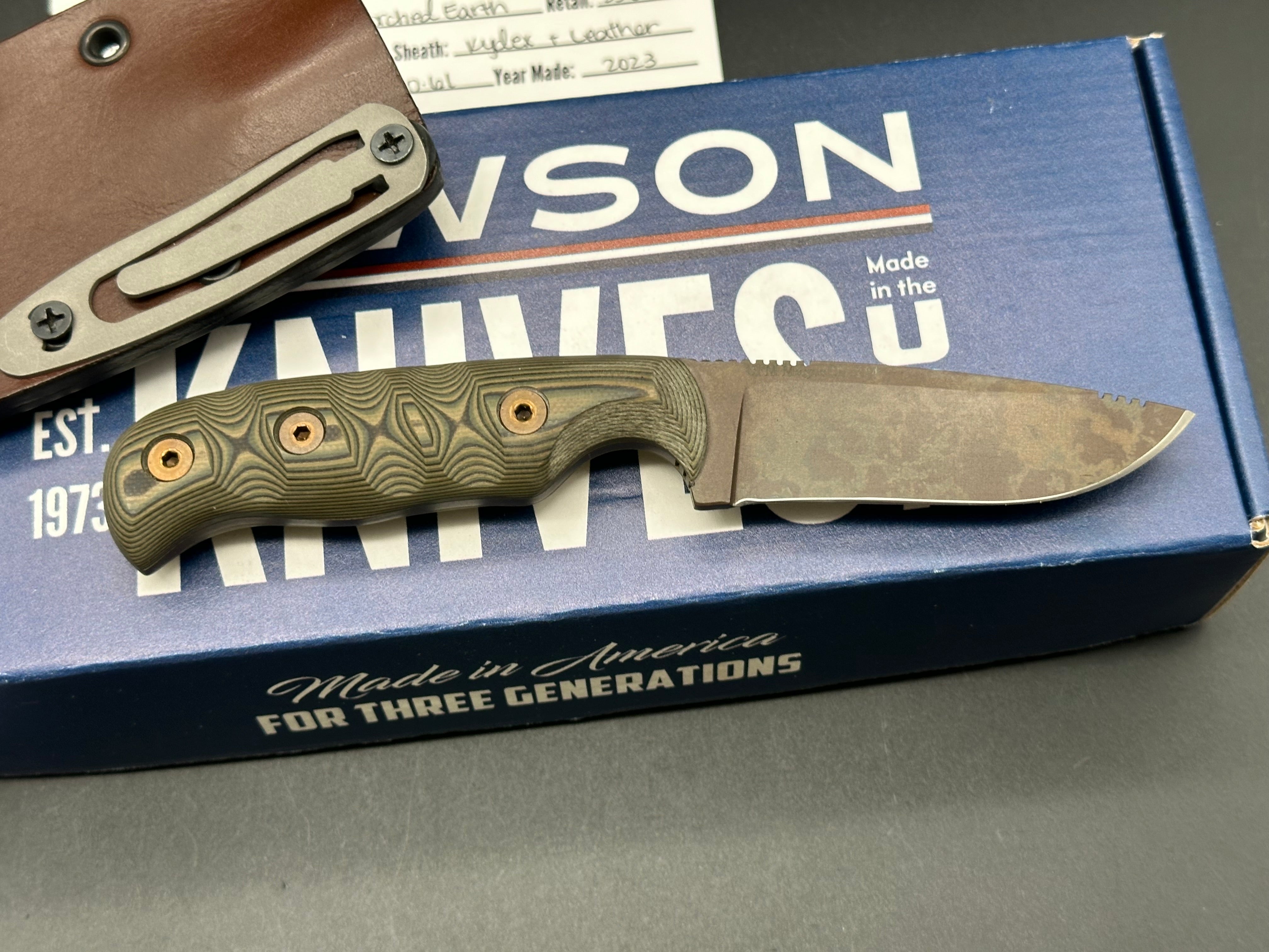 Dawson Deep Notch Magnacut Knife with Ultra Camo Scales & Scorched Earth Blade - Custom Oak City Leather Sheath | Hunting, Camping, Survival Gear & Outdoor EDC Accessories