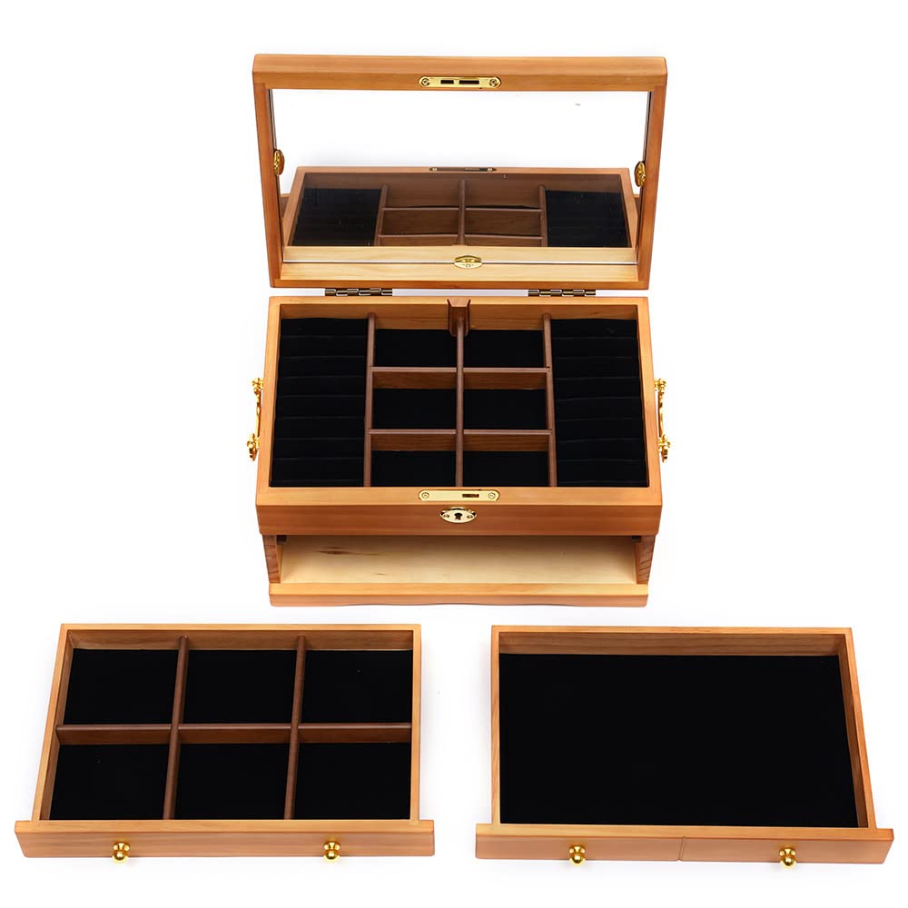 3-Layer Wooden Jewelry Box with Mirror & Lock - Perfect for Rings, Earrings & Necklaces Storage - Great Gift for Christmas