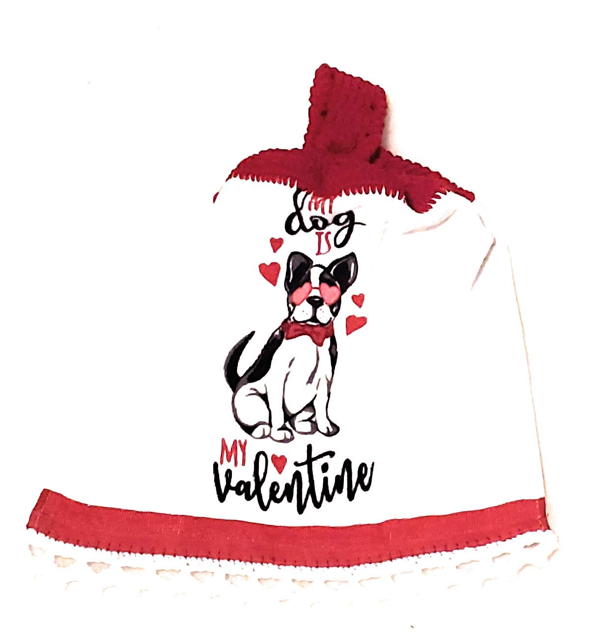 Valentine's Day Crochet Top Hanging Kitchen Towel - Decorative Embroidered Bottom Trim - Cute Dog Lover Valentine Gift - Perfect for Kitchen Decor & Valentine's Day Home Decor