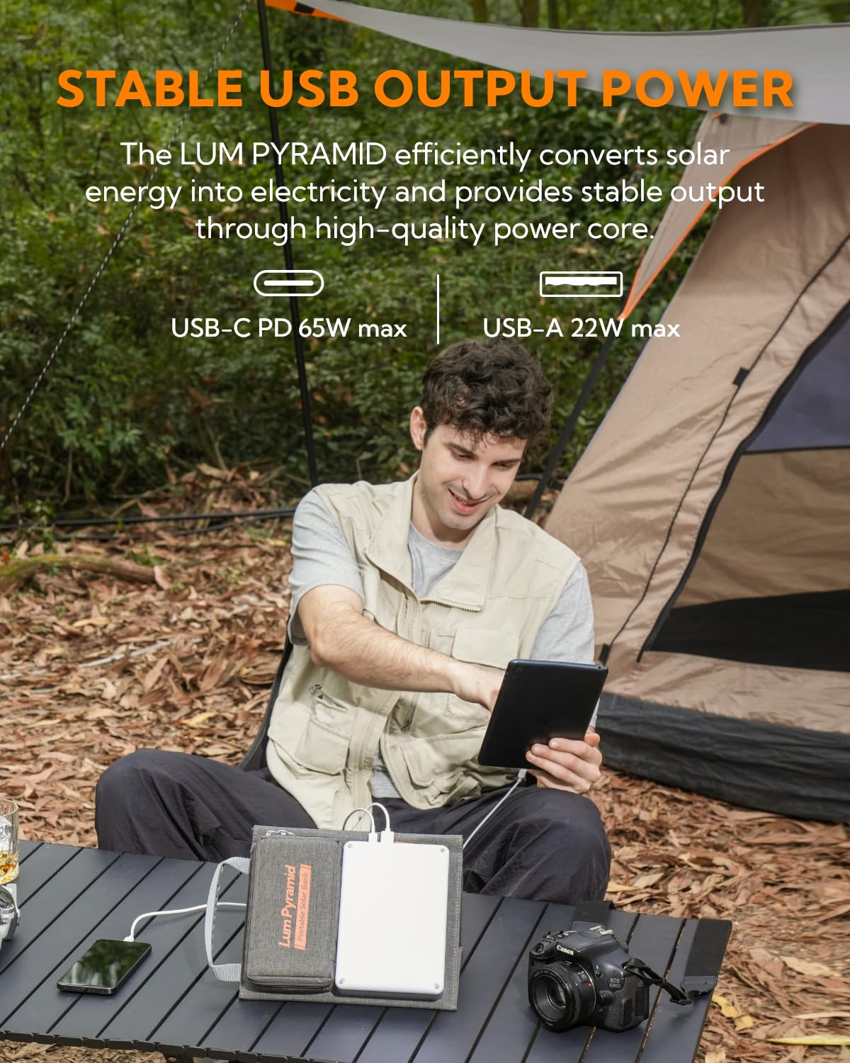 Portable Solar Charger 99.9Wh Power Bank with 24W Foldable Solar Panels, 600 Lumen Adjustable LED Camping Light, 65W PD USB-C & 22W QC3.0 USB-A Output - Perfect for Outdoor Camping, Hiking, Emergency Power Backup & Travel Charging