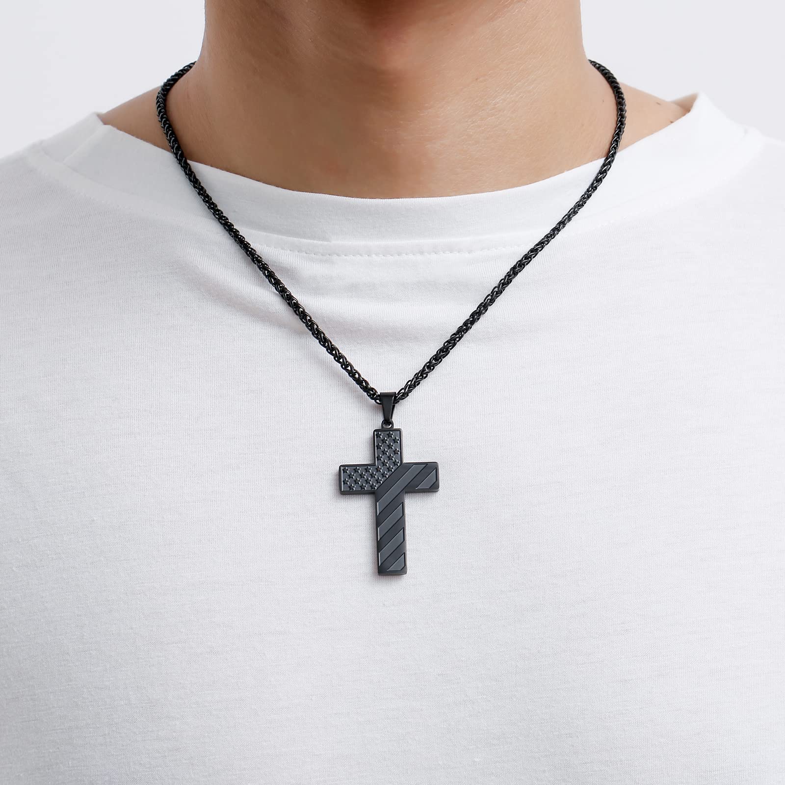 18+2 Inch Stainless Steel Cross Necklace with Bible Verse & American Flag Pendant - Religious Jewelry Gift for Men, Boys, Teens | Perfect for Easter, Graduation, Baptism & Daily Wear
