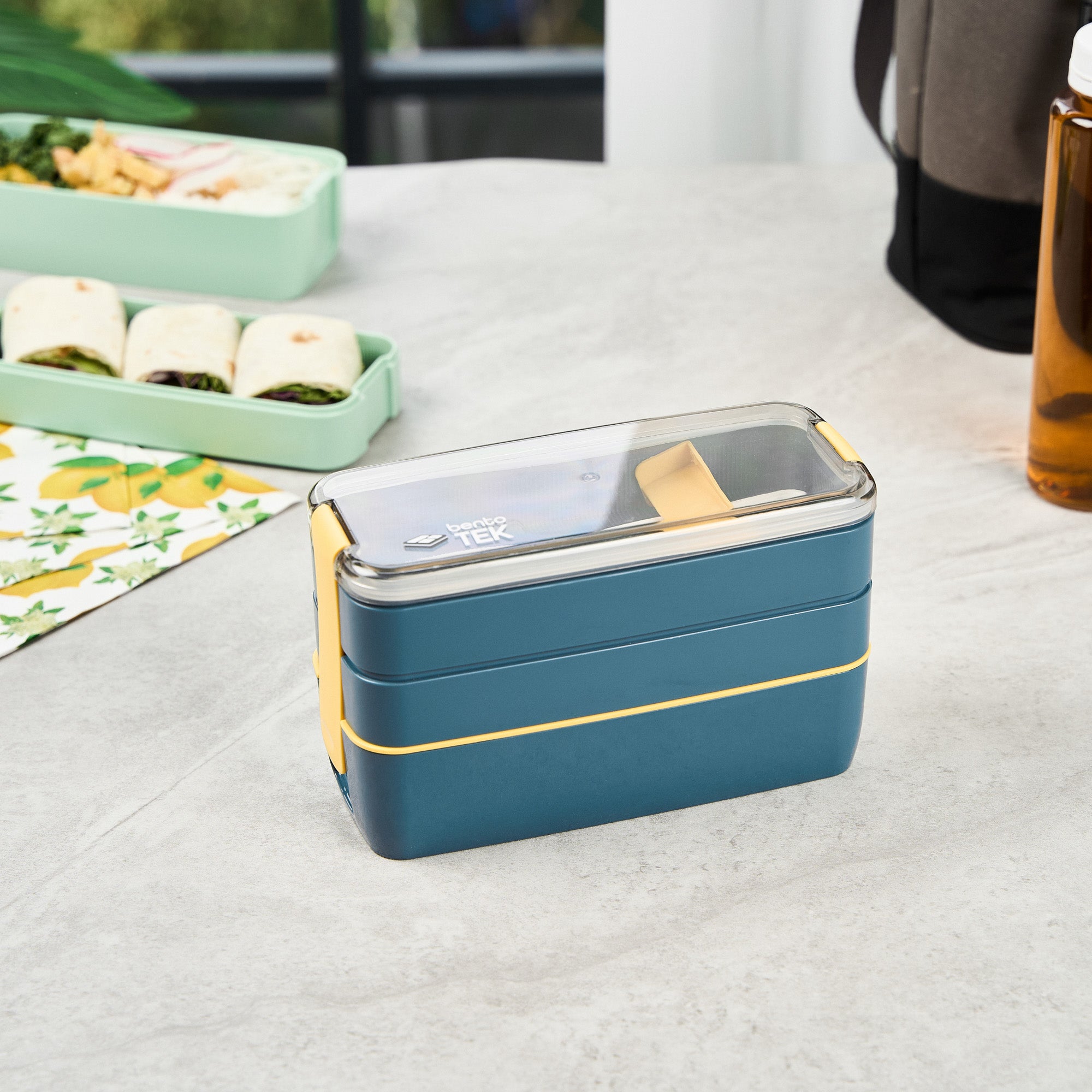 Bento Tek 30 oz 3-in-1 Lunch Box Set - BPA Free, Microwave Safe, Leak Proof with Fork & Knife - Blue & Yellow (7.5