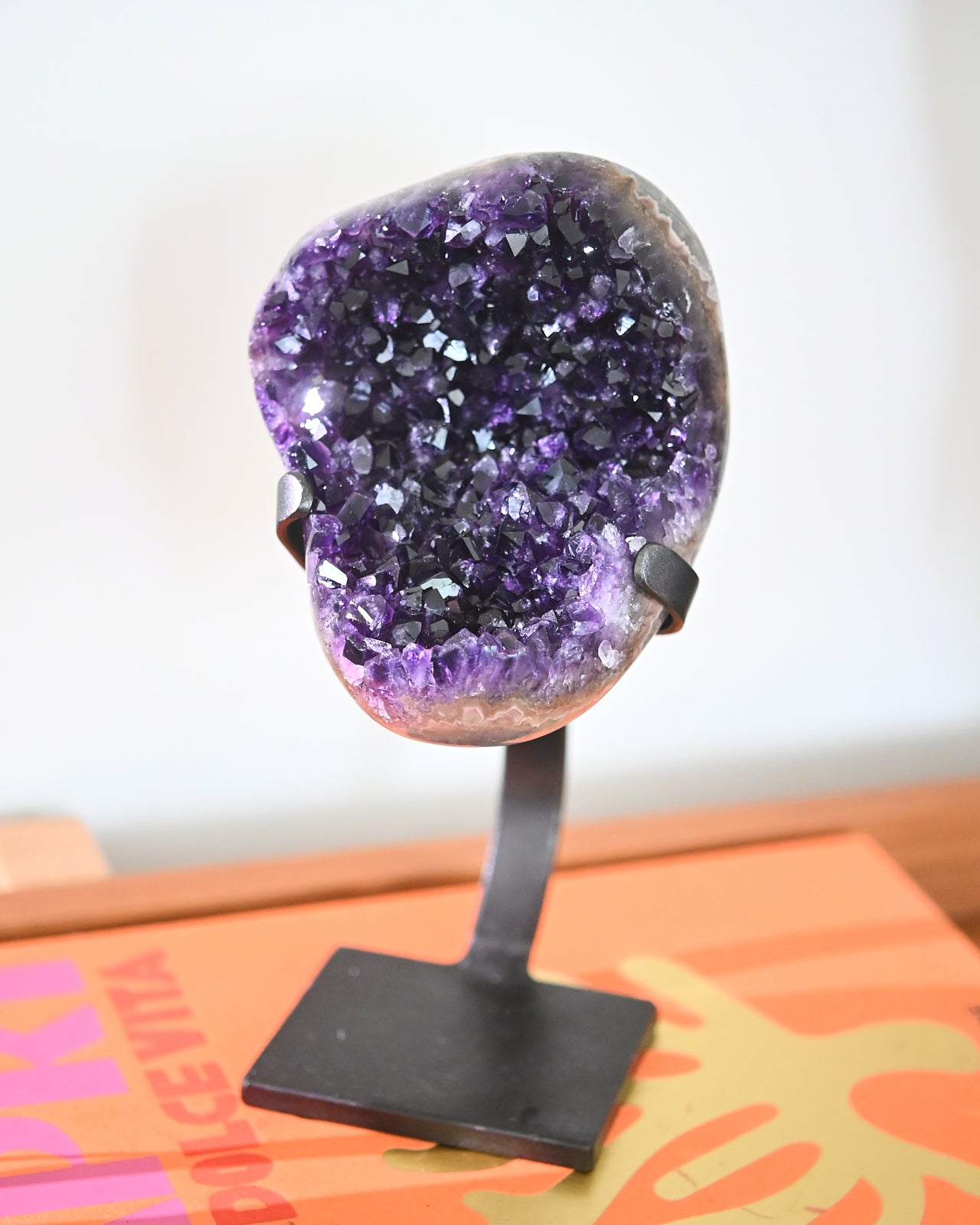 Natural Amethyst Crystal Geode on Wooden Stand - 3.9lbs Healing Stone for Home Decor, Meditation & Spiritual Gifts