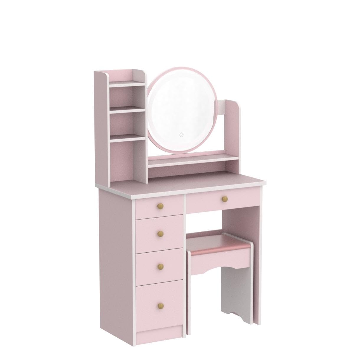 FUFU&GAGA Pink Vanity Set with Round LED Lighted Mirror, 5-Drawer Makeup Dressing Table with Shelves, Dresser Desk & Cushioned Stool - Perfect for Bedroom, Beauty Salon & Home Decor