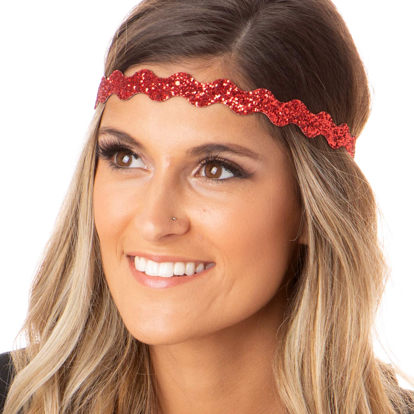 Hipsy PETITE Size Adjustable No Slip Sparkly Bling Glitter Headbands 3-Pack for Women Girls Teens - Wave Navy Silver Red - Perfect for Sports Workouts School and Fashion Accessories