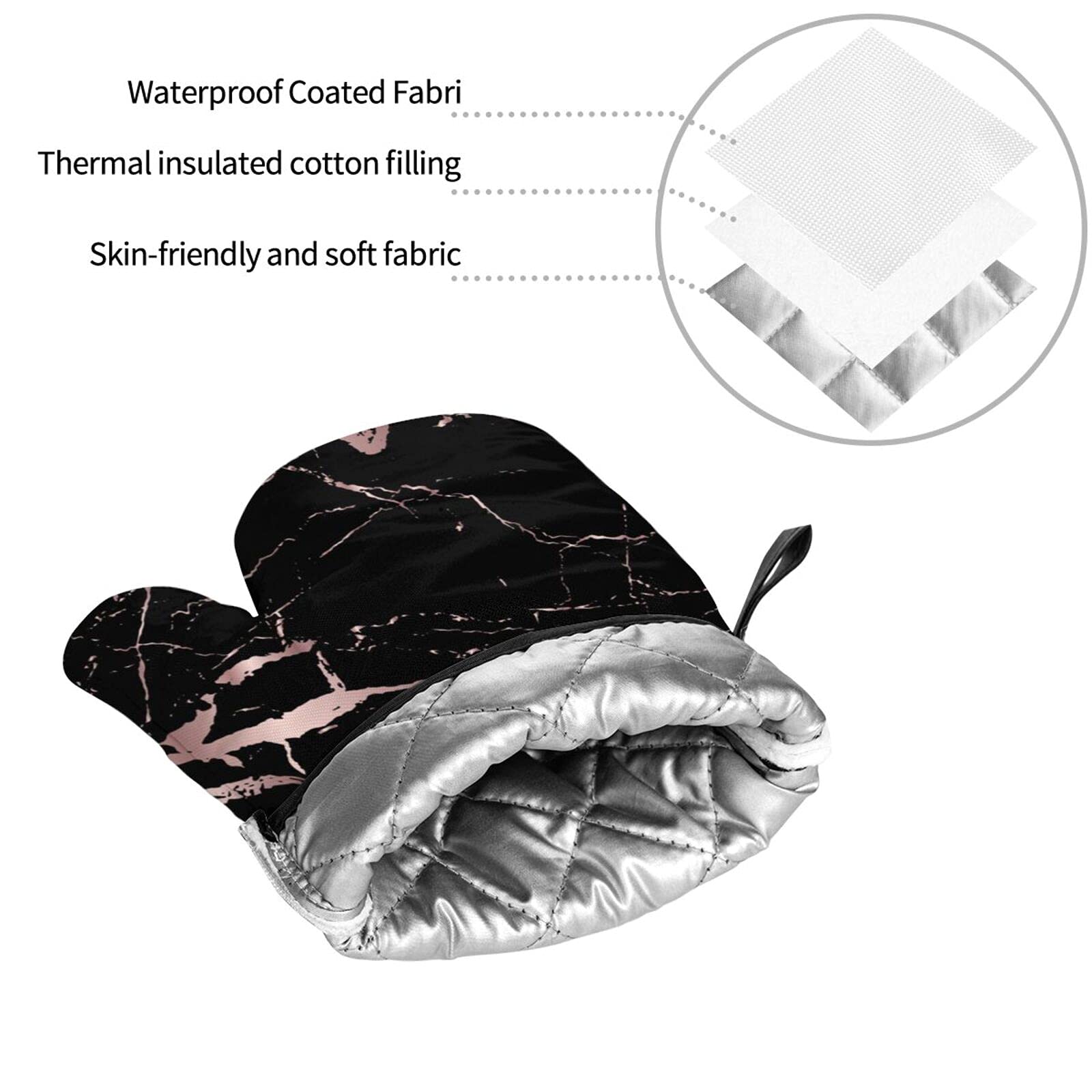 **Rose Gold & Black Marble Oven Mitt and Pot Holder Set of 4 - Heat Resistant, Non-Slip Kitchen Gloves for Baking, Cooking, Grilling, BBQ - Perfect for Home Chefs & Holiday Gifts**