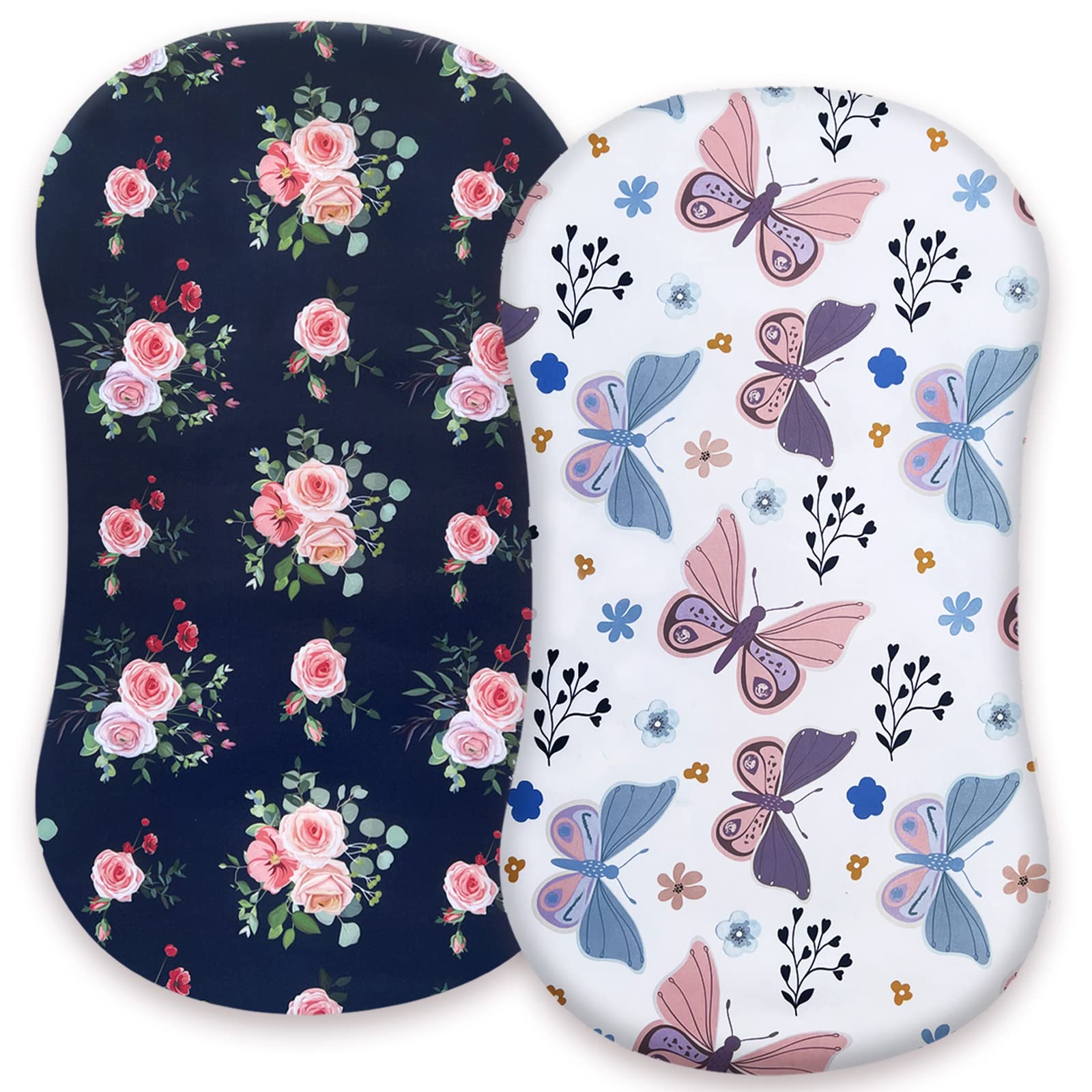 AMROSE Heavenly Soft Microfiber Bassinet Sheets - 2 Pack Fitted Crib Sheets for Halo Bassinest Swivel Sleeper & Hourglass Bassinet | Floral Butterfly Design for Baby Girls | Perfect for Nursery, Daycare & Travel