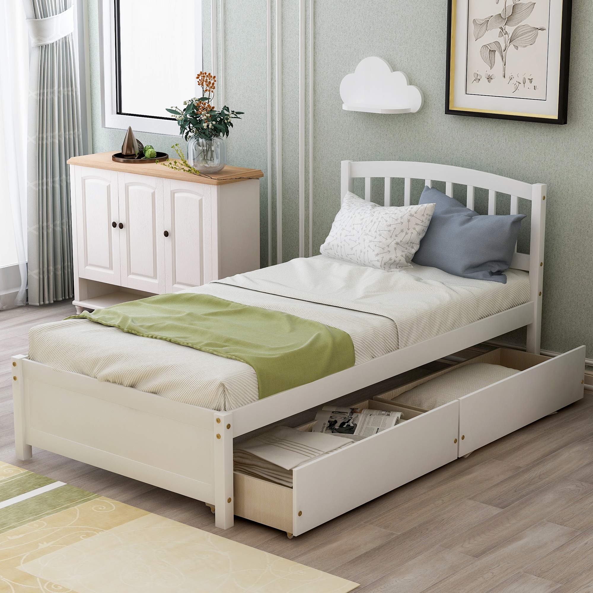 Twin Platform Storage Bed Frame with 2 Drawers & Headboard - White Wooden Bed for Small Space & Guest Room - Perfect for Apartments, Dorms & Modern Bedrooms