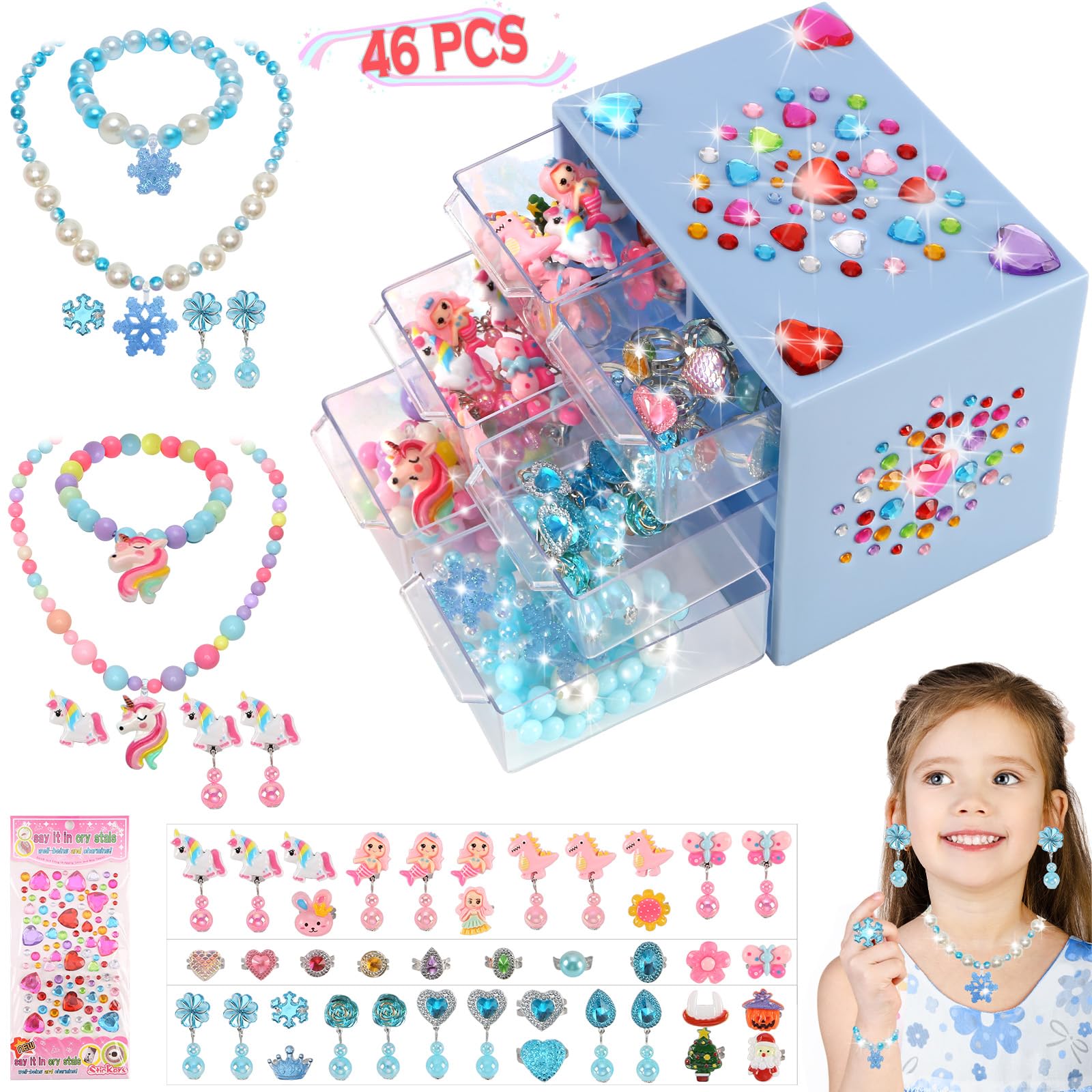 **Best Girls' Jewelry Toys for Ages 5-10 – Clip-On Earrings, Adjustable Rings, Bracelets & Necklaces – Frozen & Unicorn Princess Dress-Up Set – Perfect for Birthday Gifts & Pretend Play**