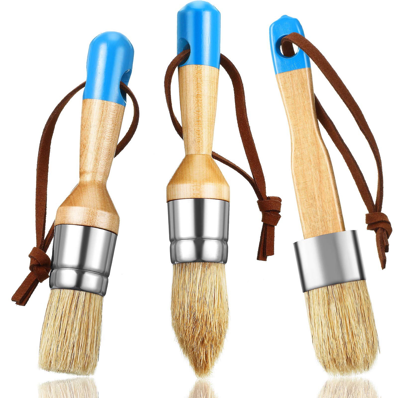 ABIYX 3-Piece Chalk & Wax Paint Brush Set - Flat, Pointed & Round Bristle Stencil Brushes for Wood Furniture, DIY Home Decor & Craft Projects (Blue) - Perfect for Distressed Finishes, Chalk Painting & Wax Application