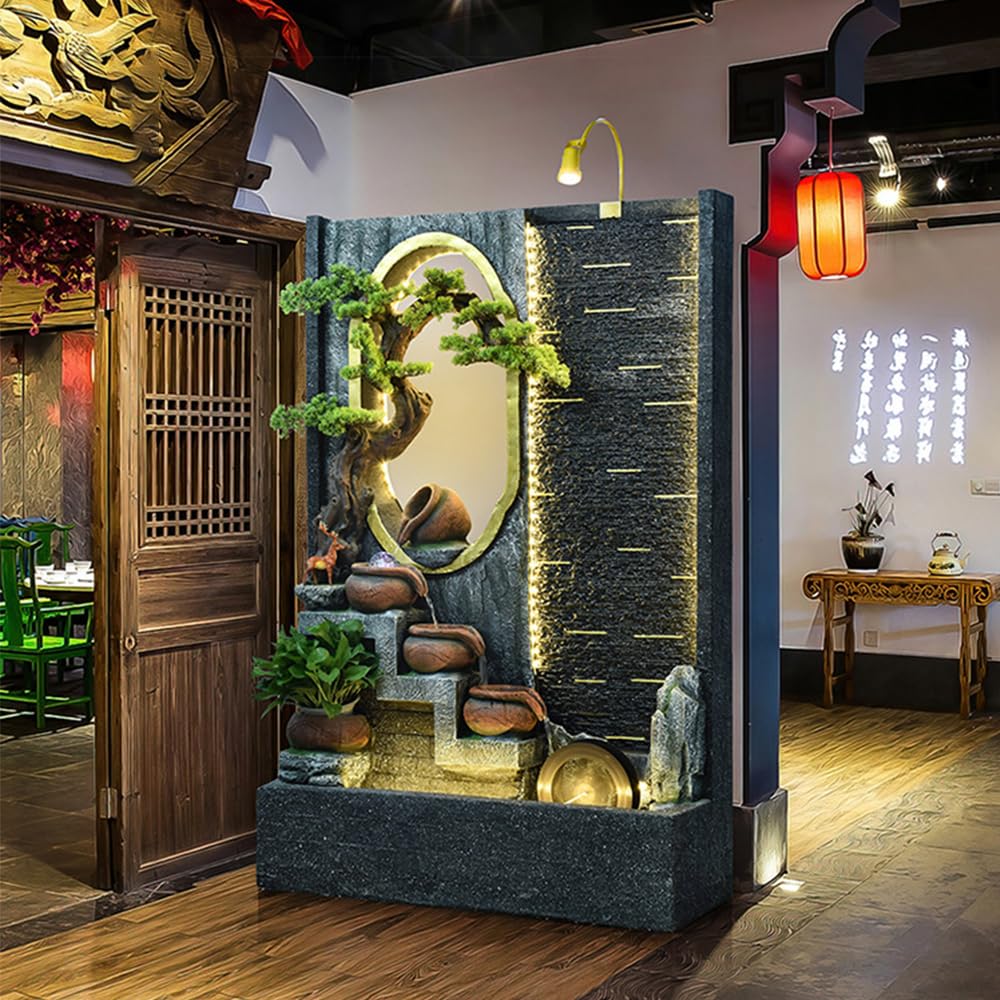 Large Zen Landscape Wall Fountain with LED Lights & Bonsai Accents - Indoor/Outdoor Waterfall Decor for Home, Office, Garden | Relaxing Meditation, Spa, Yoga Space | Model 5026