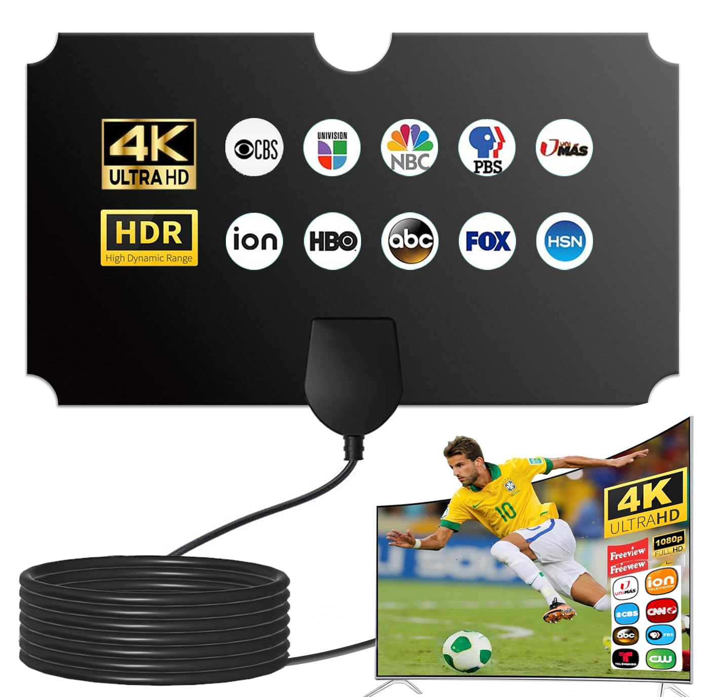 Digital TV Antenna for Smart TV - Indoor HDTV Antenna with 15ft Coaxial Cable, Supports 4K 1080p Local Channels, Long Range Reception & Omnidirectional Signal - Perfect for Home Theater, Apartment, RV & Office Use
