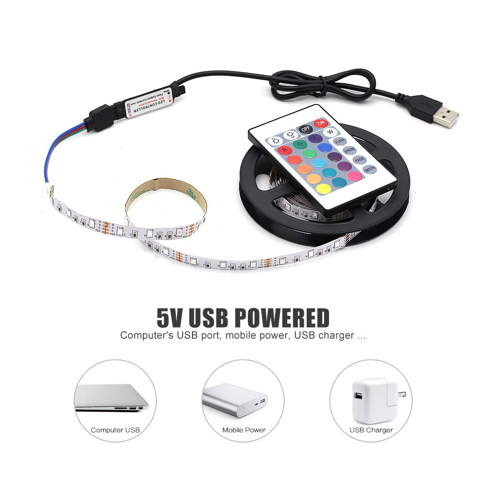 5M DC5V RGB LED Strip Lights with Remote Control - 24 Key USB Waterproof Flexible Tape Light (60 LEDs/m) for TV Backlight, Room Decor, Landscape & Street Lighting - Indoor/Outdoor Use