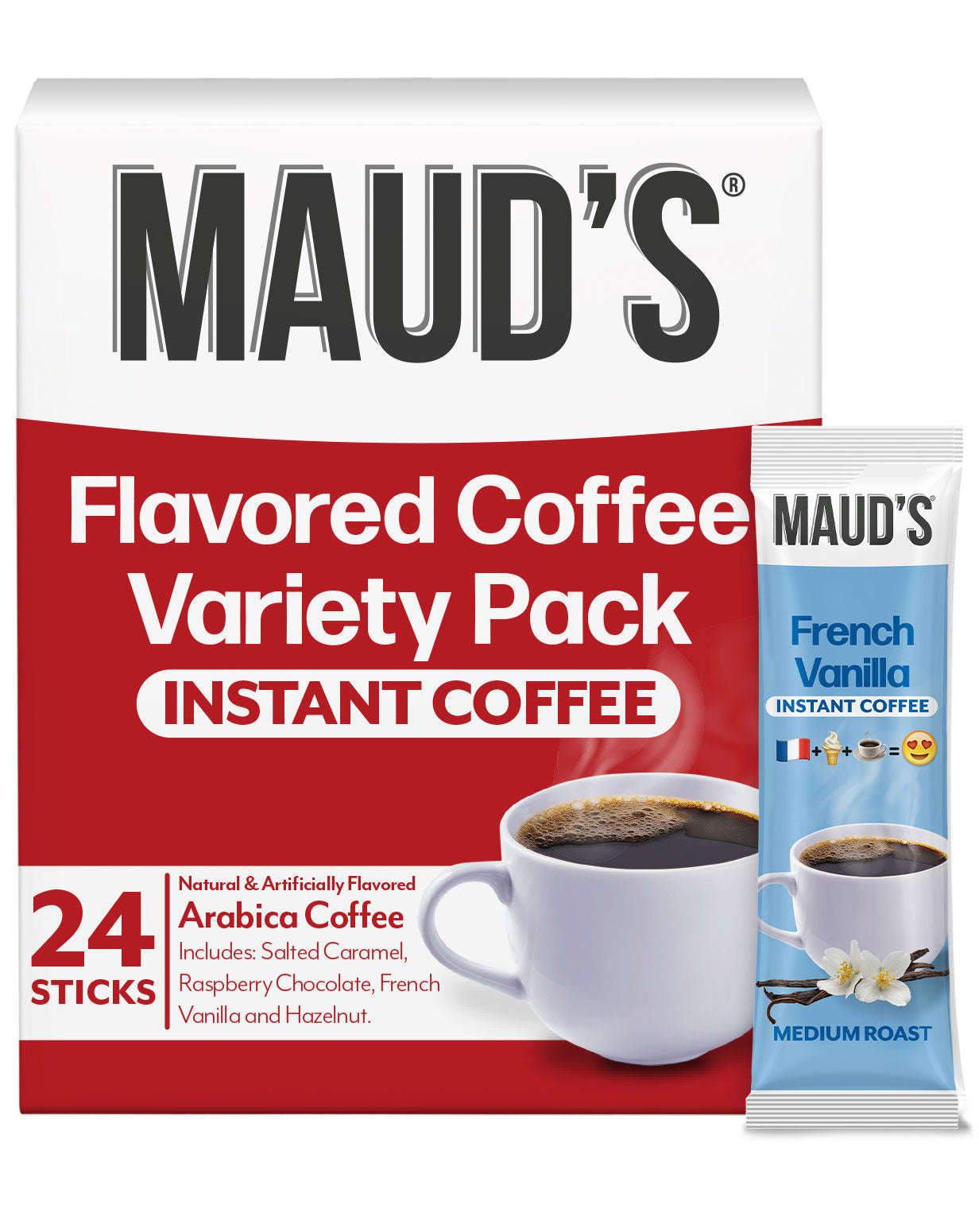 Maud's Instant Flavored Coffee Variety Pack - 12 Single Serve Packets | Caramel, Vanilla & Hazelnut Flavors | Perfect for Office, Travel & Camping