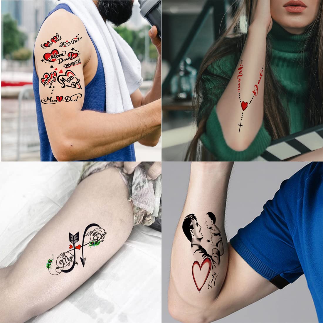 Love Mom Dad Infinity Temporary Tattoo Stickers - Pack of 4 Waterproof Fake Tattoos for Men & Women (2x4 Inch) - Perfect for Parties, Festivals & Family Events