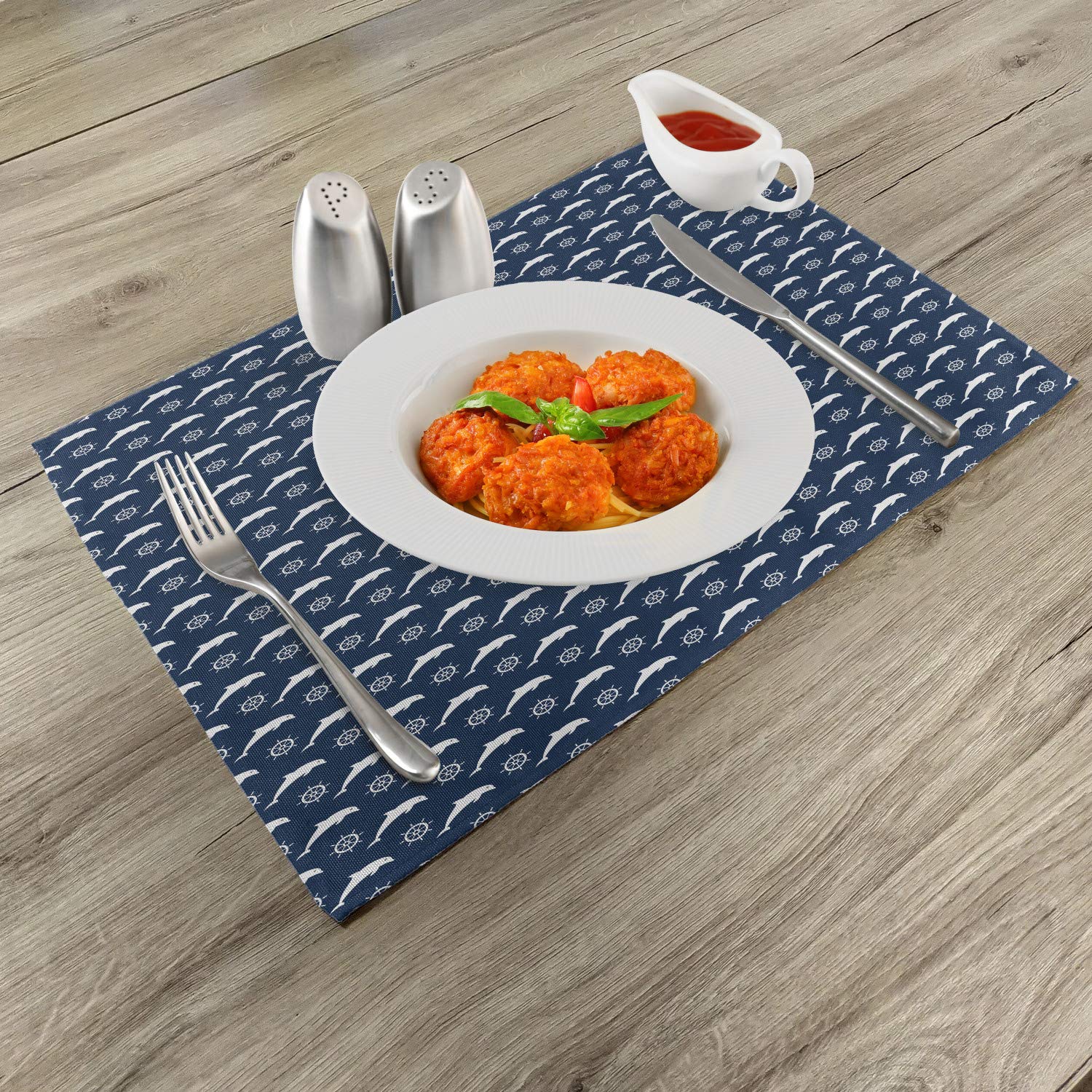 Lunarable Dolphin Place Mats Set of 4 - White Maritime Design with Dolphin Silhouettes & Steering Wheels - Washable Fabric Table Mats for Dining Room - Standard Size Night Blue - Perfect for Beach House Decor, Nautical Theme Parties & Coastal Style Dining