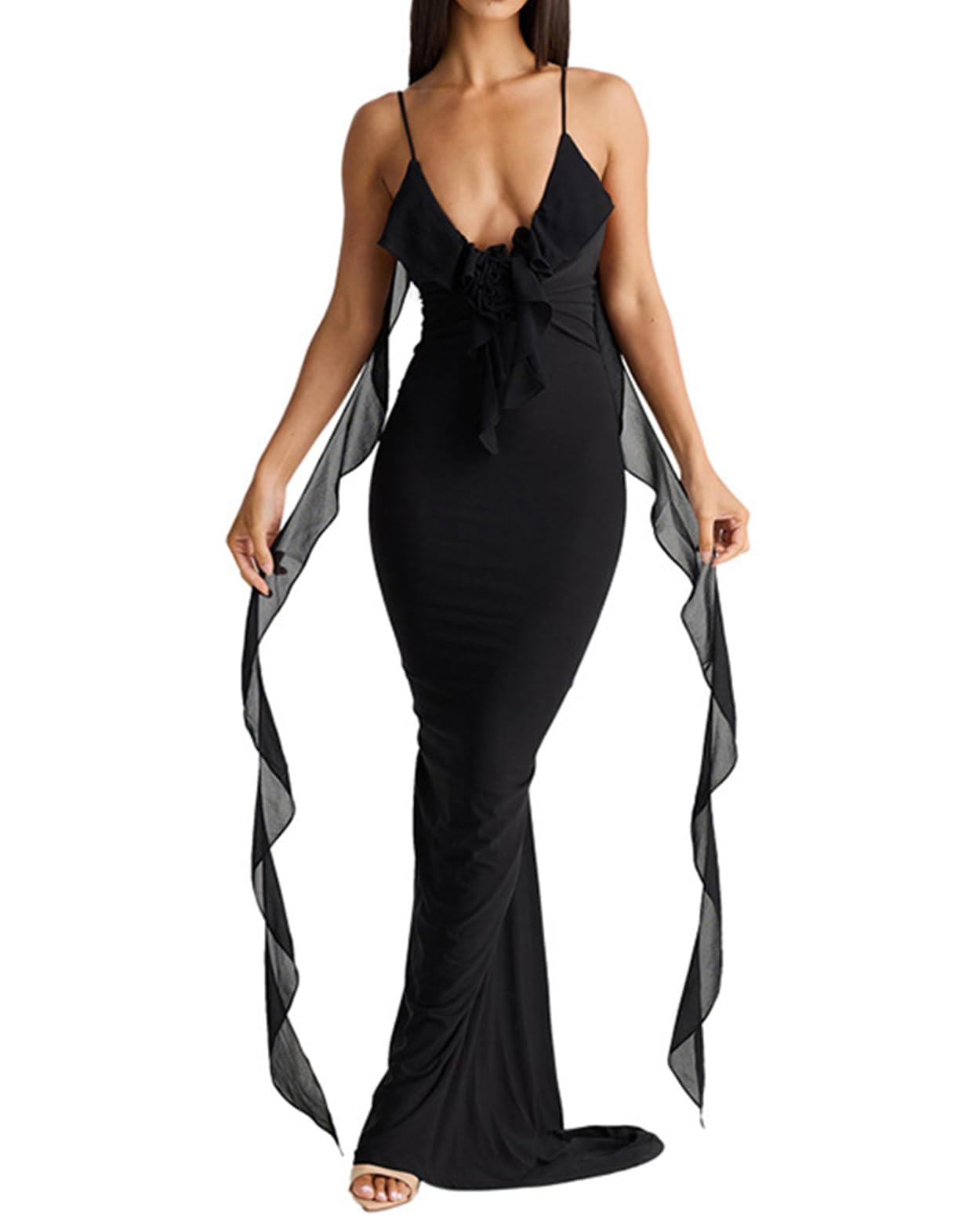 Houstil Women's Summer Casual Strap V-Neck Maxi Dress - Beach Party, Cocktail Evening, Wedding Guest, Holiday Outfit for Women