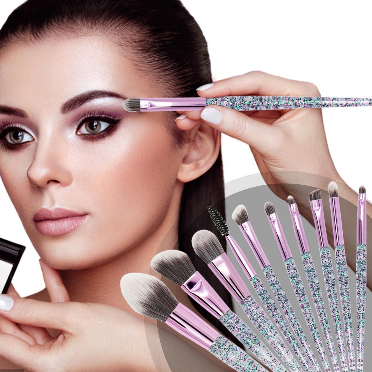 10Pcs Acrylic Makeup Brush Set - Crystal Handle for Foundation, Blush & Eyeshadow - Perfect for Women & Girls