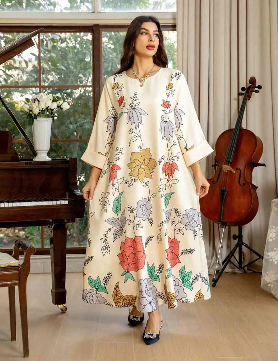 Elegant Hotfix Rhinestone Beaded Caftan Dress for Women - Perfect for Eid Celebrations, Weddings & Special Occasions