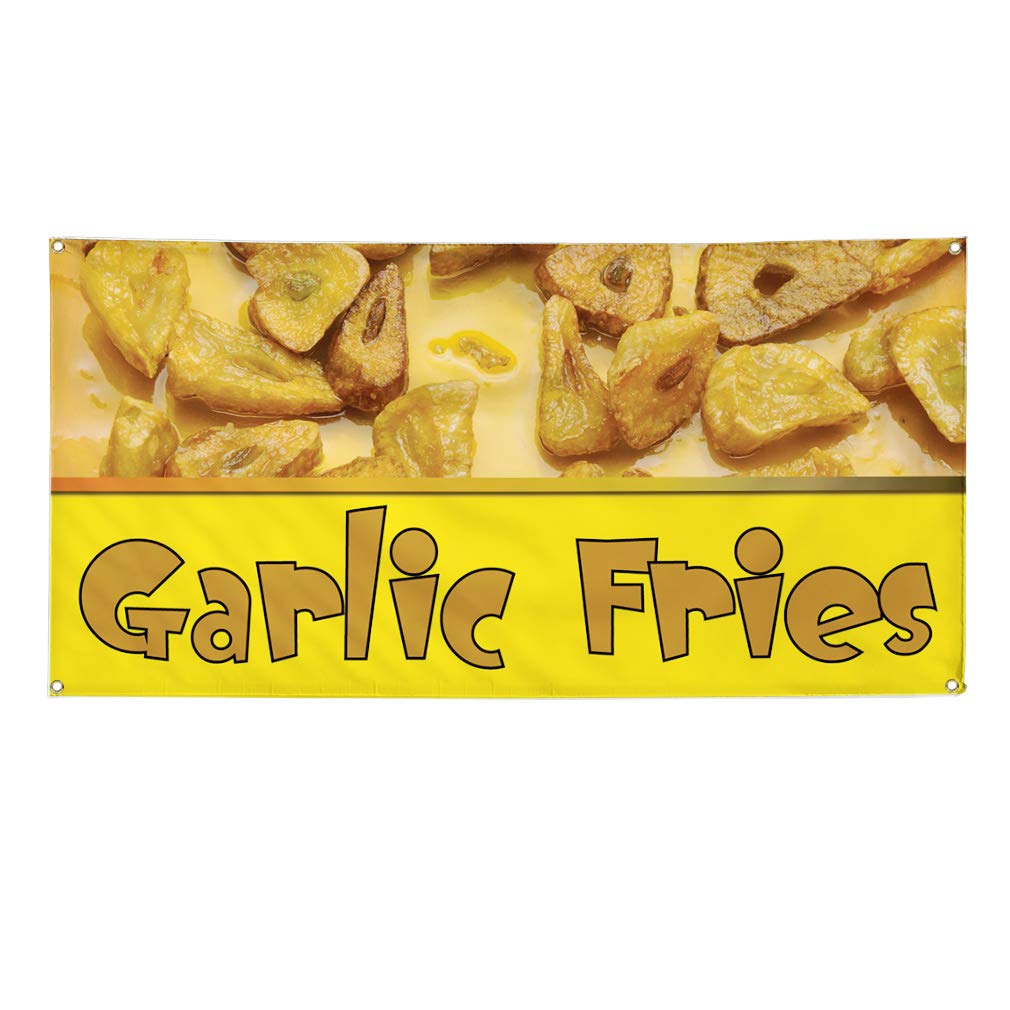 Premium Vinyl Banner - 48x96 Inches with 8 Golden Grommets | Weatherproof Outdoor Advertising Sign for Food & Beverage Business (Garlic Fries Promotion) | Perfect for Yard Sales, Festivals & Restaurant Marketing