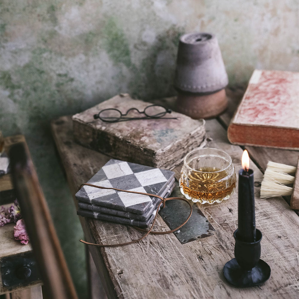 Checkered Marble and Travertine Coaster Set - 4-Piece Elegant Drink Coasters for Coffee, Wine & Cocktails - Perfect for Home, Office & Party Use