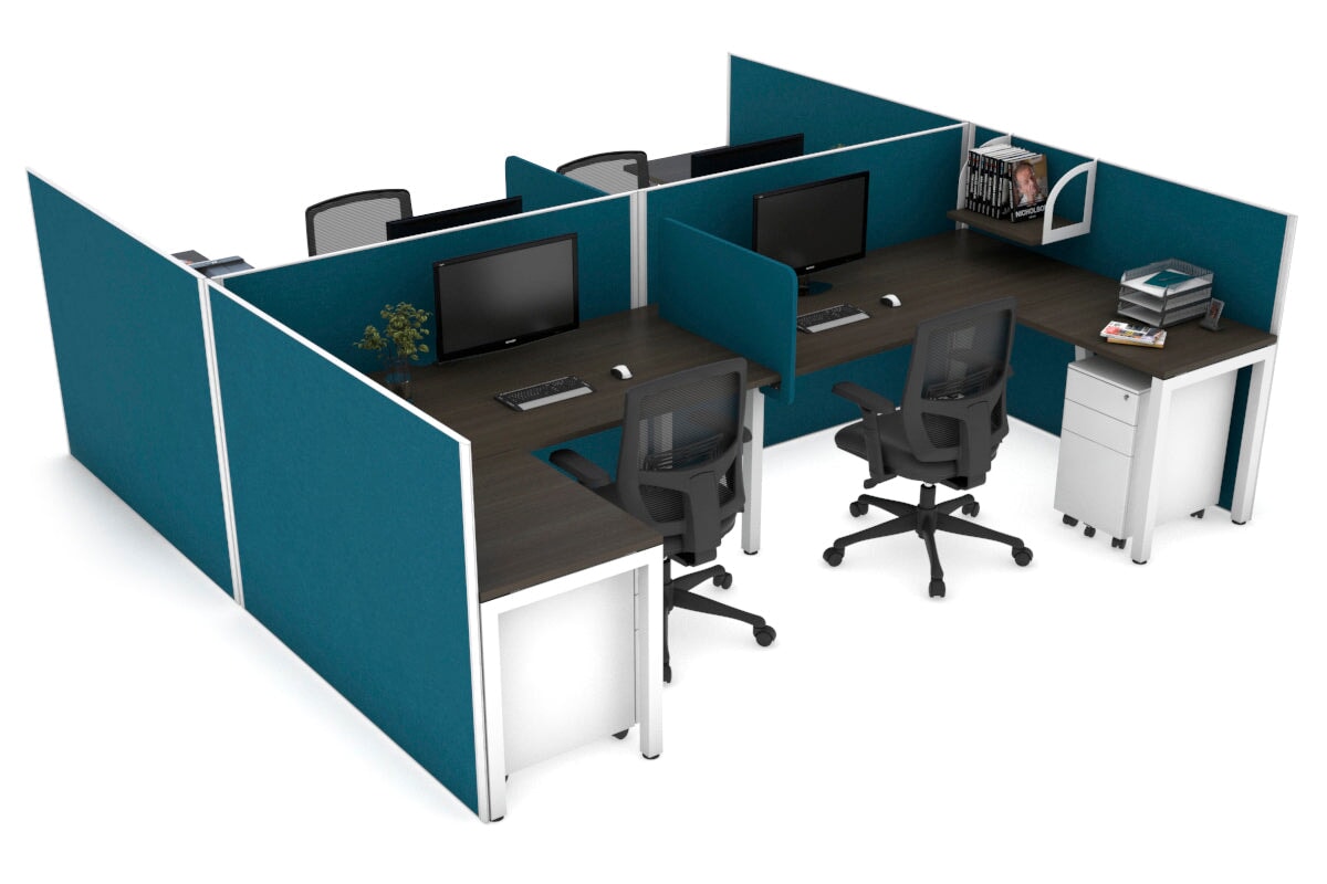 Quadro 4-Person Corner Workstation with Square Legs - H Configuration, White Frame (1600L x 1800W) - Office Desk with Cable Management Scallop for Collaborative Workspaces & Team Environments