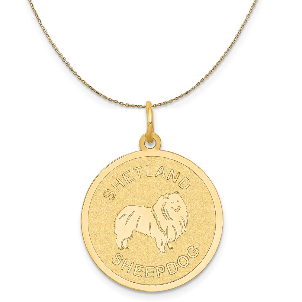 14k Yellow Gold Etched Shetland Sheepdog Disc Necklace - 19mm Black Bow Pendant for Dog Lovers, Perfect Gift for Pet Owners & Animal Enthusiasts